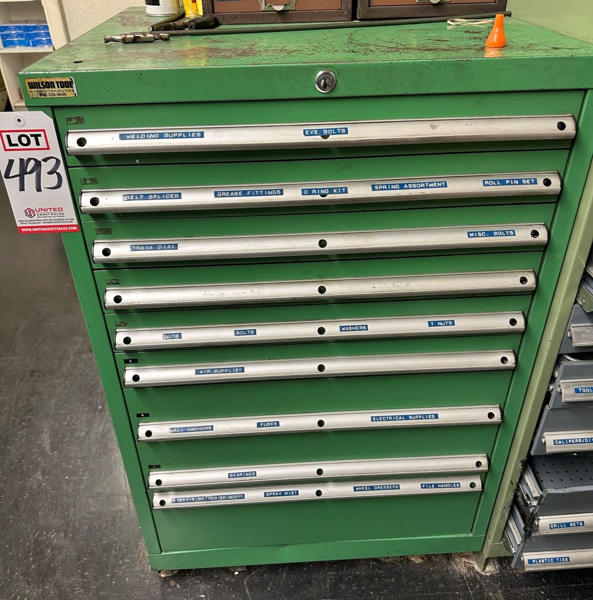 9-DRAWER TOOL CABINET, W/ CONTENTS, TO INCLUDE: CAP SCREWS, BRASS AIR FITTINGS, GRINDING WHEEL