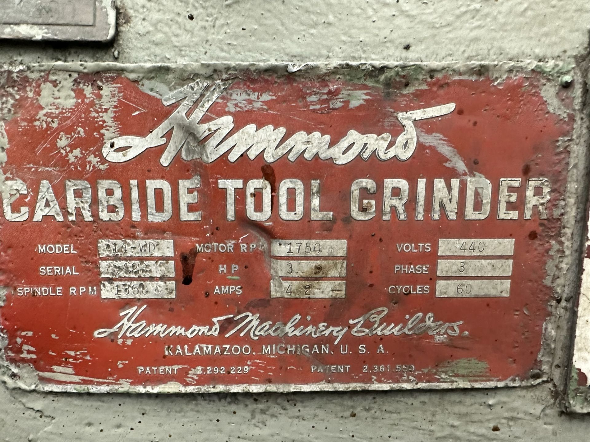 HAMMOND 14" DOUBLE SIDED CARBIDE TOOL GRINDER, MODEL 42-WDSC, 440V/3-PHASE, S/N 9423 - Image 4 of 4