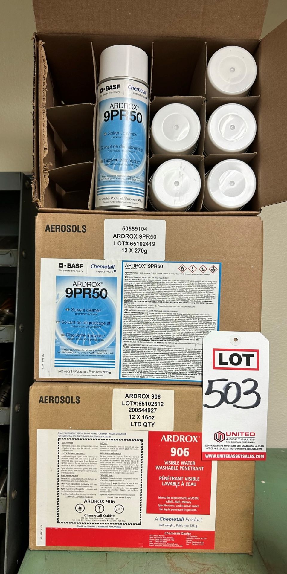 LOT - (18) CANS OF ARDROX 9PR50 SOLVENT CLEANER AND (12) CANS OF ARDROX 906 VISIBLE WATER WASHABLE - Image 2 of 4