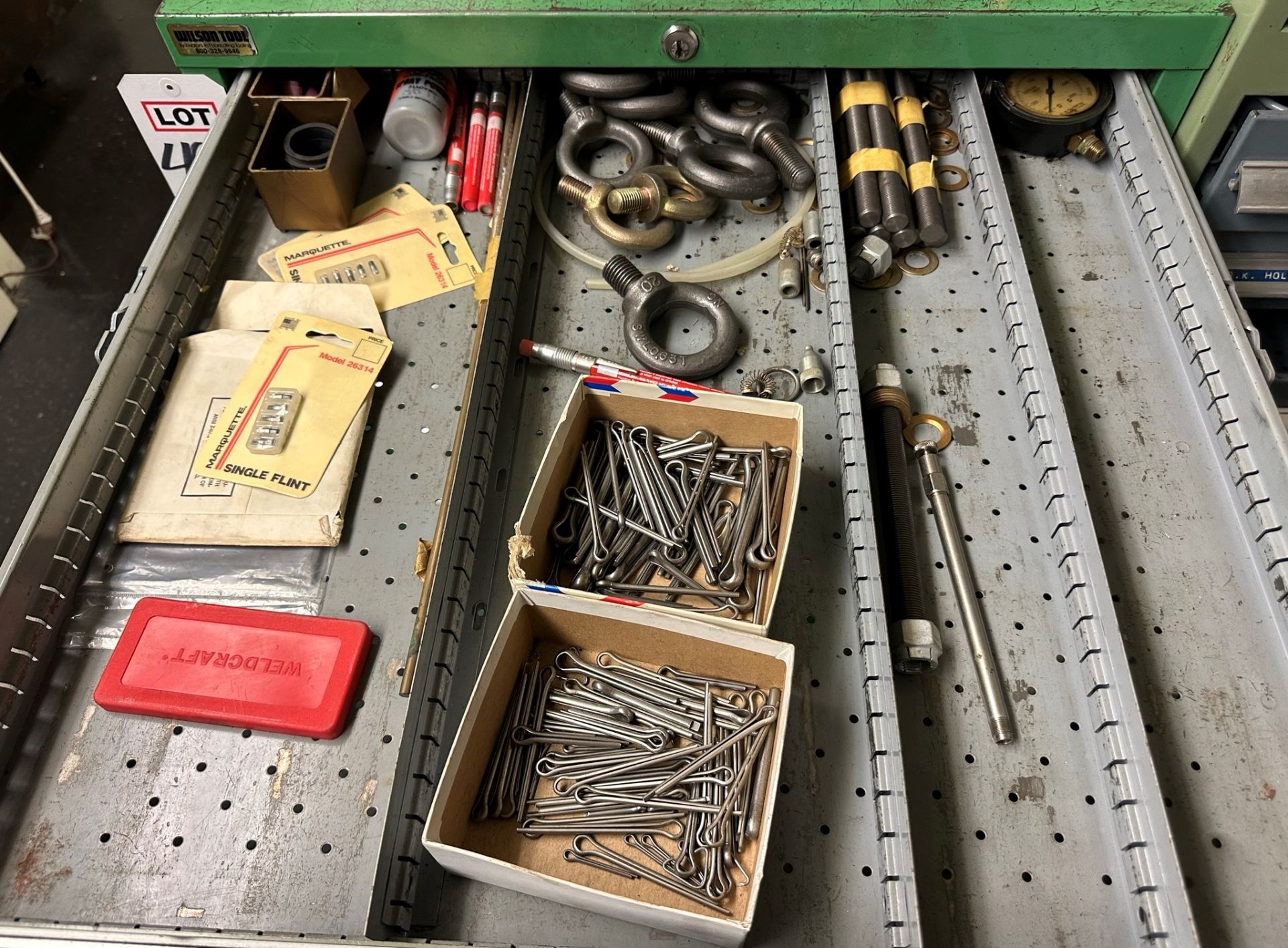 9-DRAWER TOOL CABINET, W/ CONTENTS, TO INCLUDE: CAP SCREWS, BRASS AIR FITTINGS, GRINDING WHEEL - Image 2 of 11