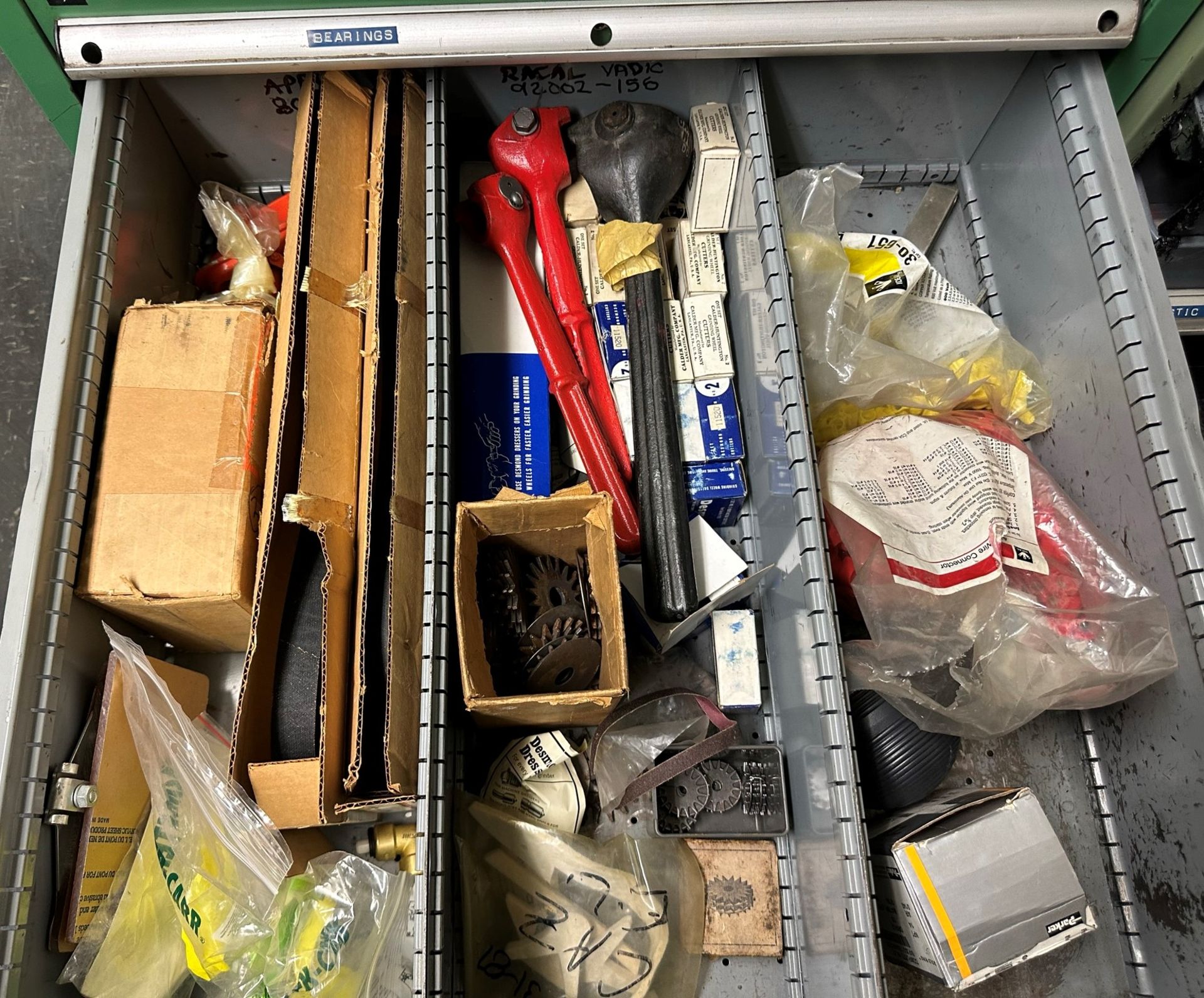 9-DRAWER TOOL CABINET, W/ CONTENTS, TO INCLUDE: CAP SCREWS, BRASS AIR FITTINGS, GRINDING WHEEL - Image 10 of 11