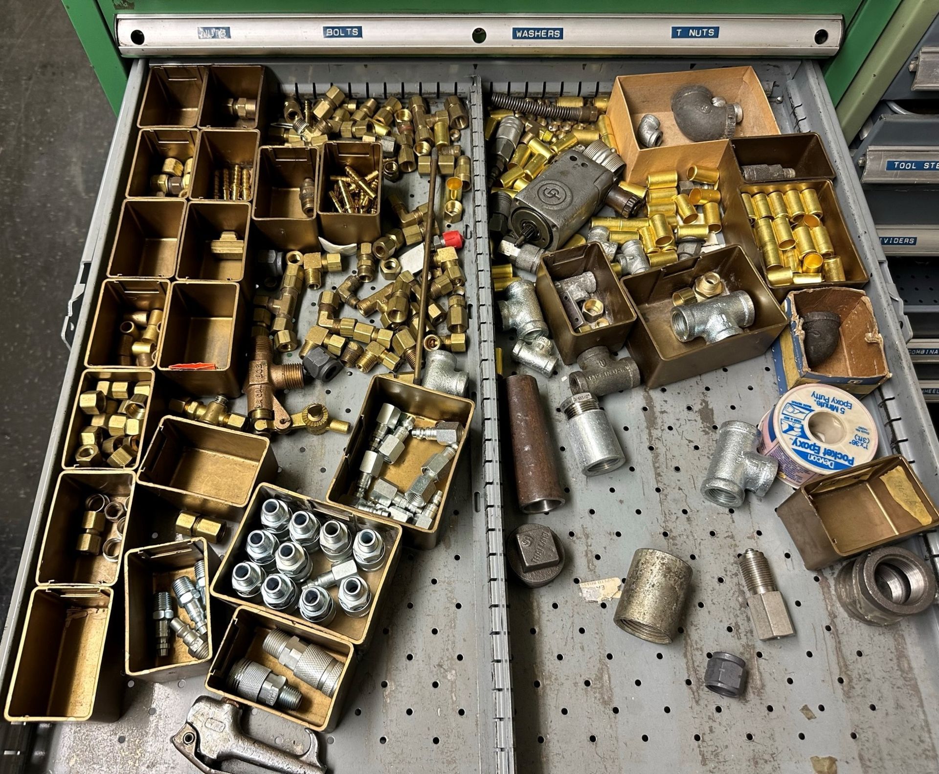 9-DRAWER TOOL CABINET, W/ CONTENTS, TO INCLUDE: CAP SCREWS, BRASS AIR FITTINGS, GRINDING WHEEL - Image 7 of 11