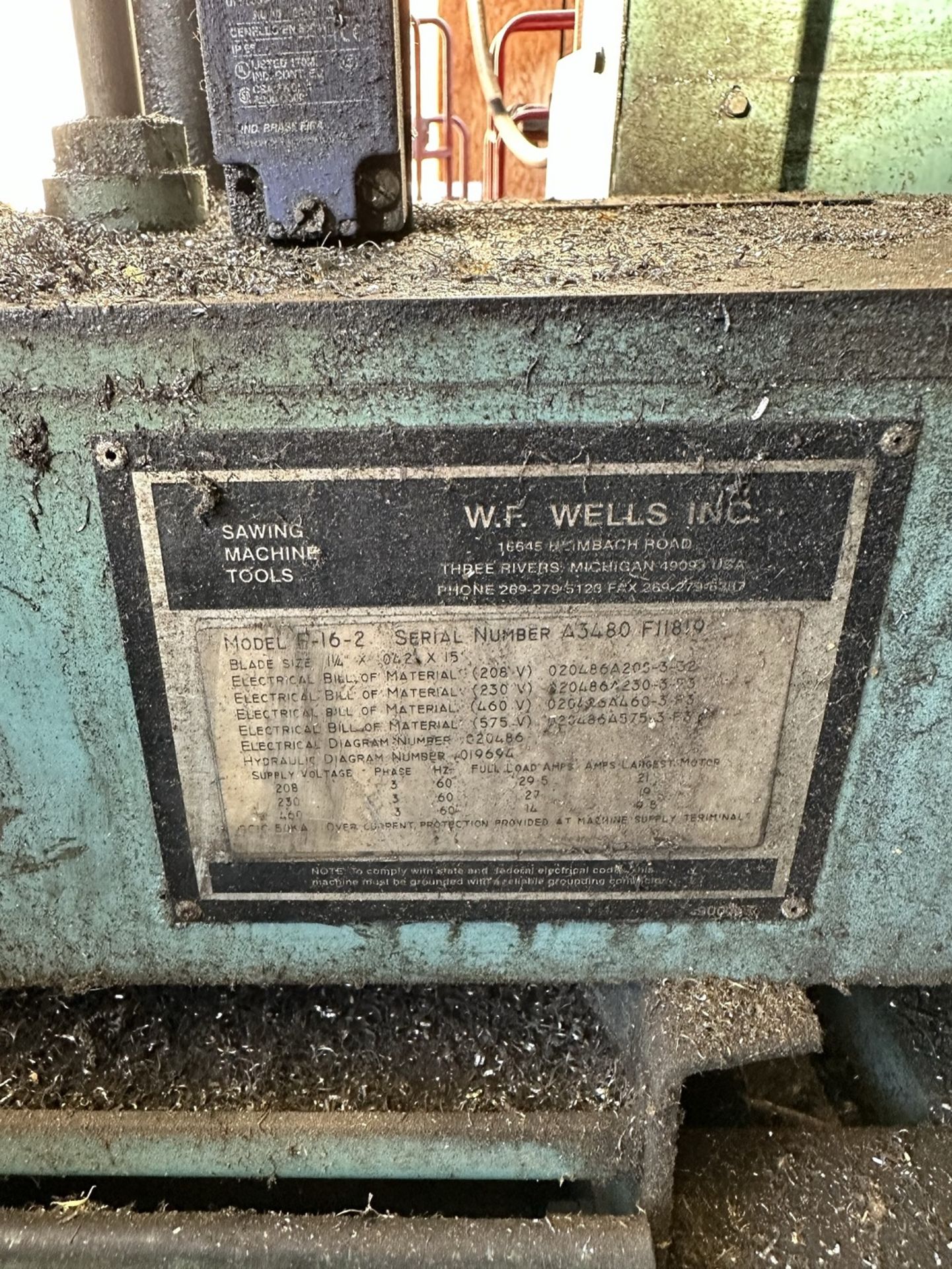 W.F. WELLS HORIZONTAL BAND SAW, MODEL F-16-2, S/N A3480-F11819, W/ 10' OF 14" ROLLER CONVEYOR - Image 6 of 7