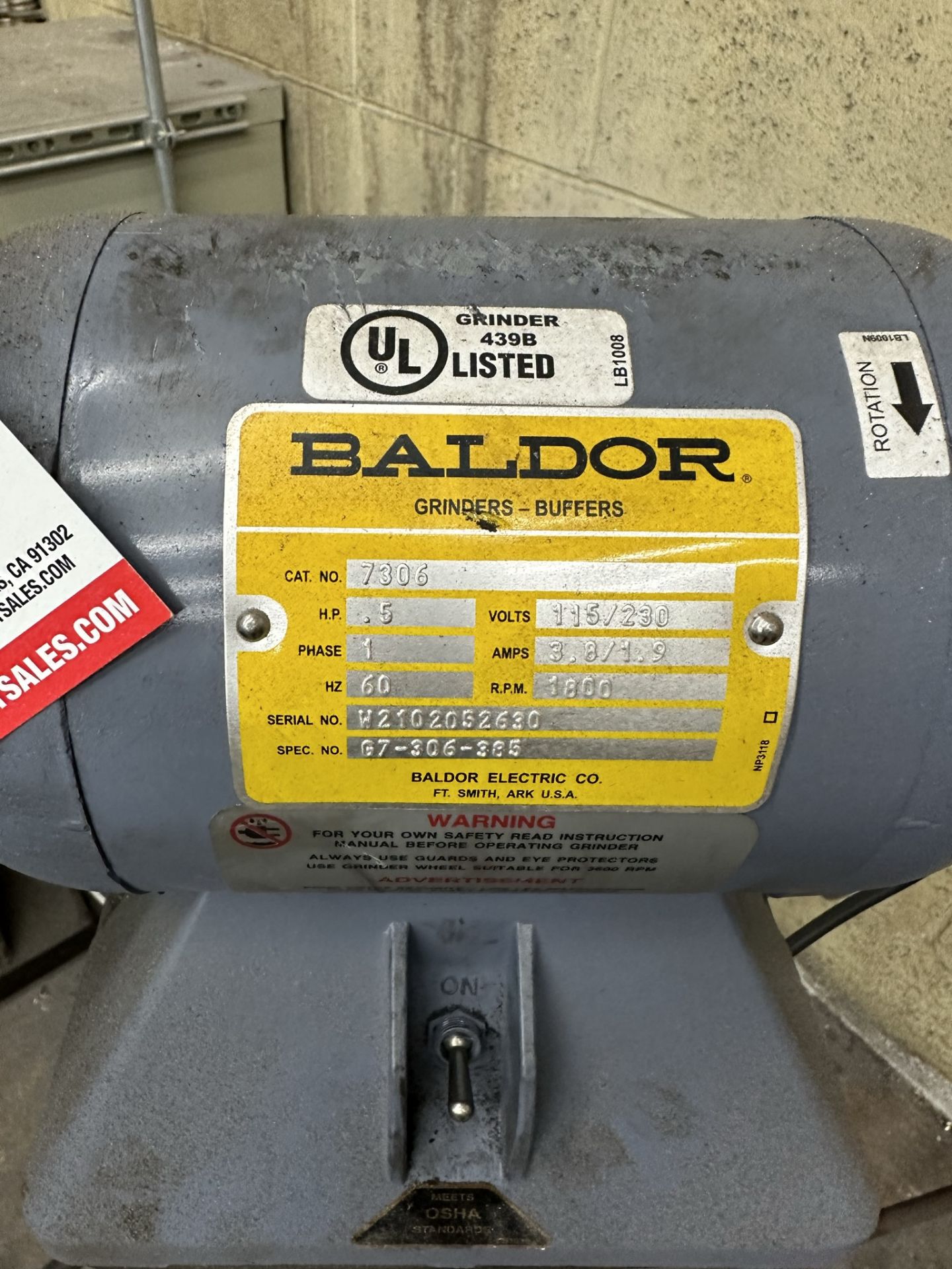 BALDOR 7306 DOUBLE END 7" GRINDER W/ PEDESTAL, 1/2 HP, 115/230V/SINGLE PHASE - Image 2 of 2