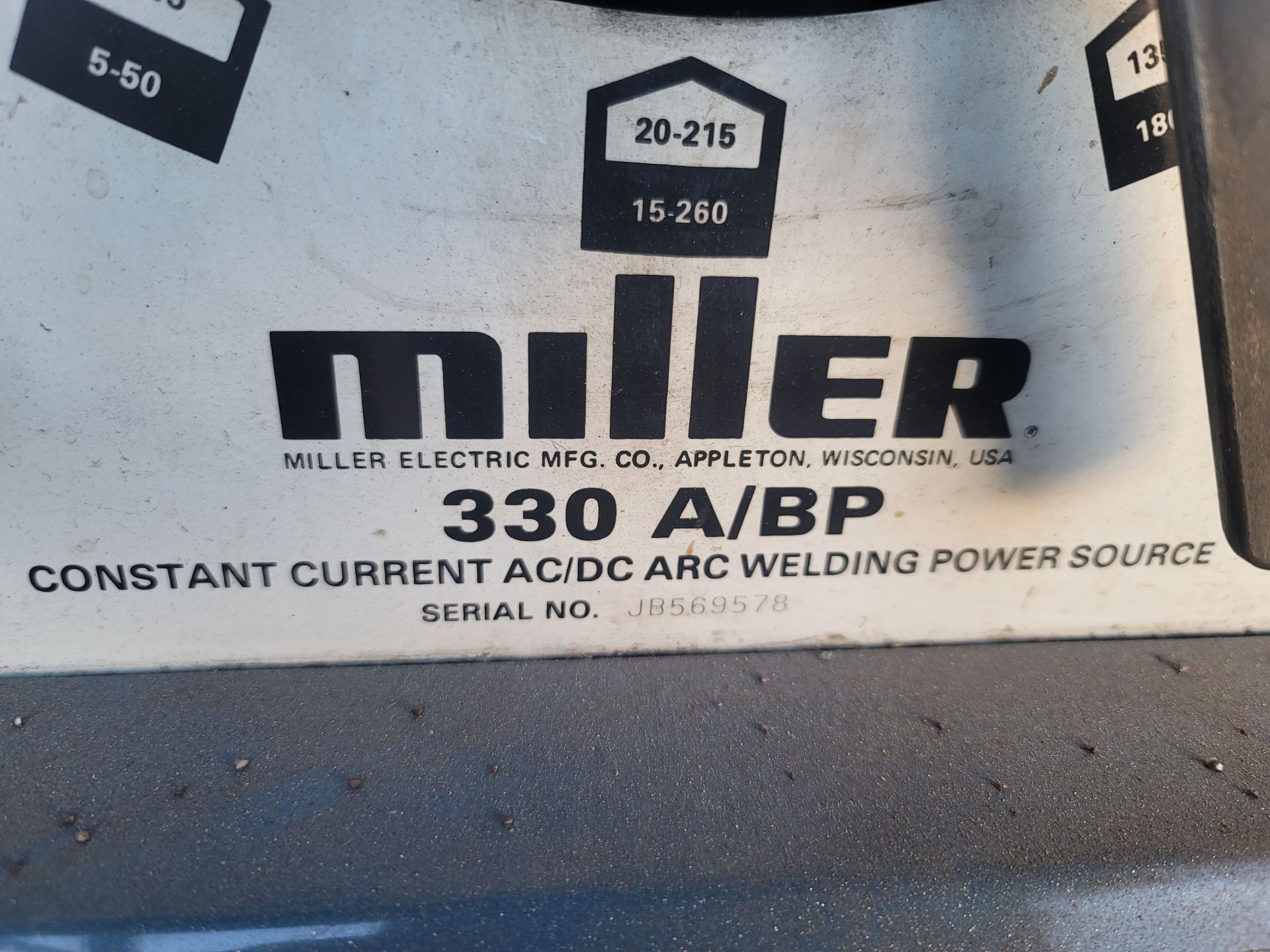 MILLER 330 A/BP CONSTANT CURRENT AC/DC ARC WELDING POWER SOURCE, S/N JB569578, W/ WATER COOLER, - Image 4 of 4