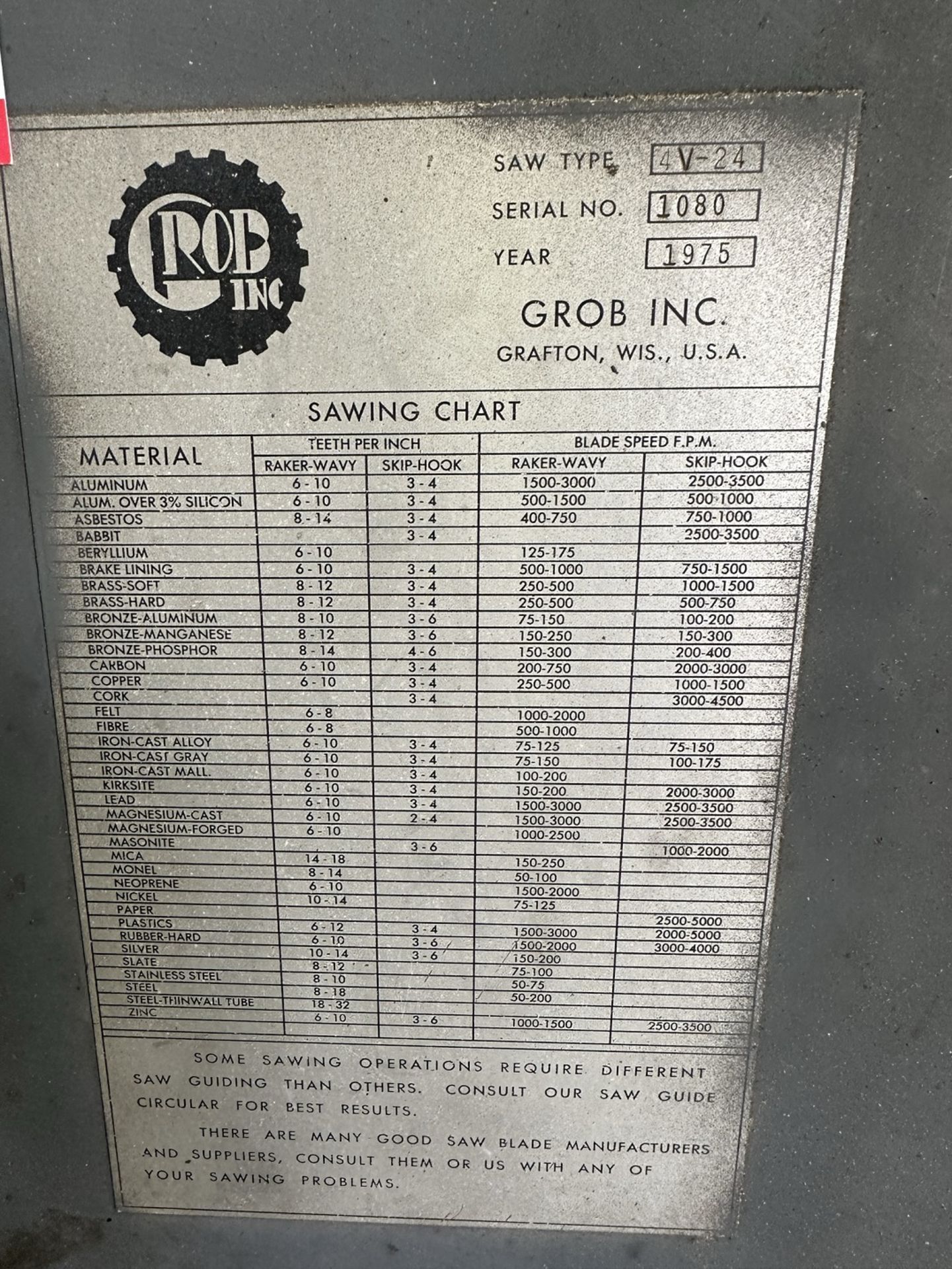 GROB 4V-24 VERTICAL BAND SAW, 24" THROAT DEPTH, S/N 1080 - Image 3 of 3