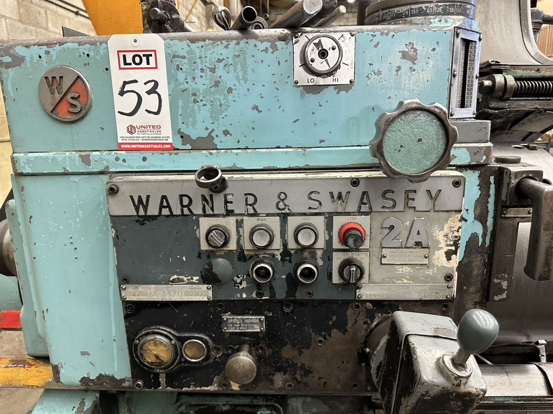 WARNER & SWASEY 2A M-3470 TURRET LATHE, 40 HP, 5-1/5" THROUGH HOLE, S/N 2294355, 18" 3-JAW CHUCK - Image 19 of 23