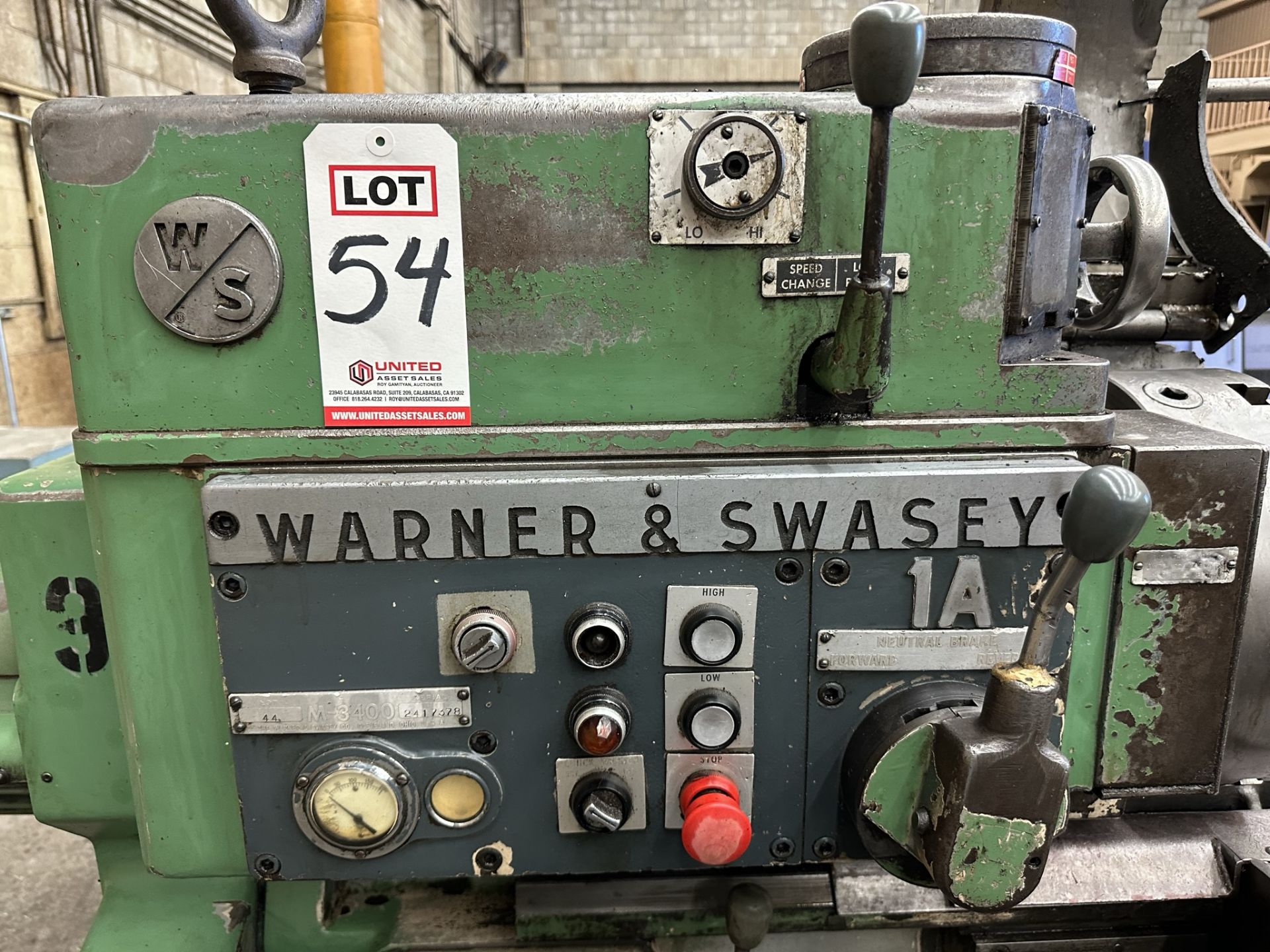 WARNER & SWASEY 1A M-3400 TURRET LATHE, 20 HP, 3-1/4" THROUGH HOLE, 15" 3-JAW CHUCK, S/N 2417378, - Image 9 of 14