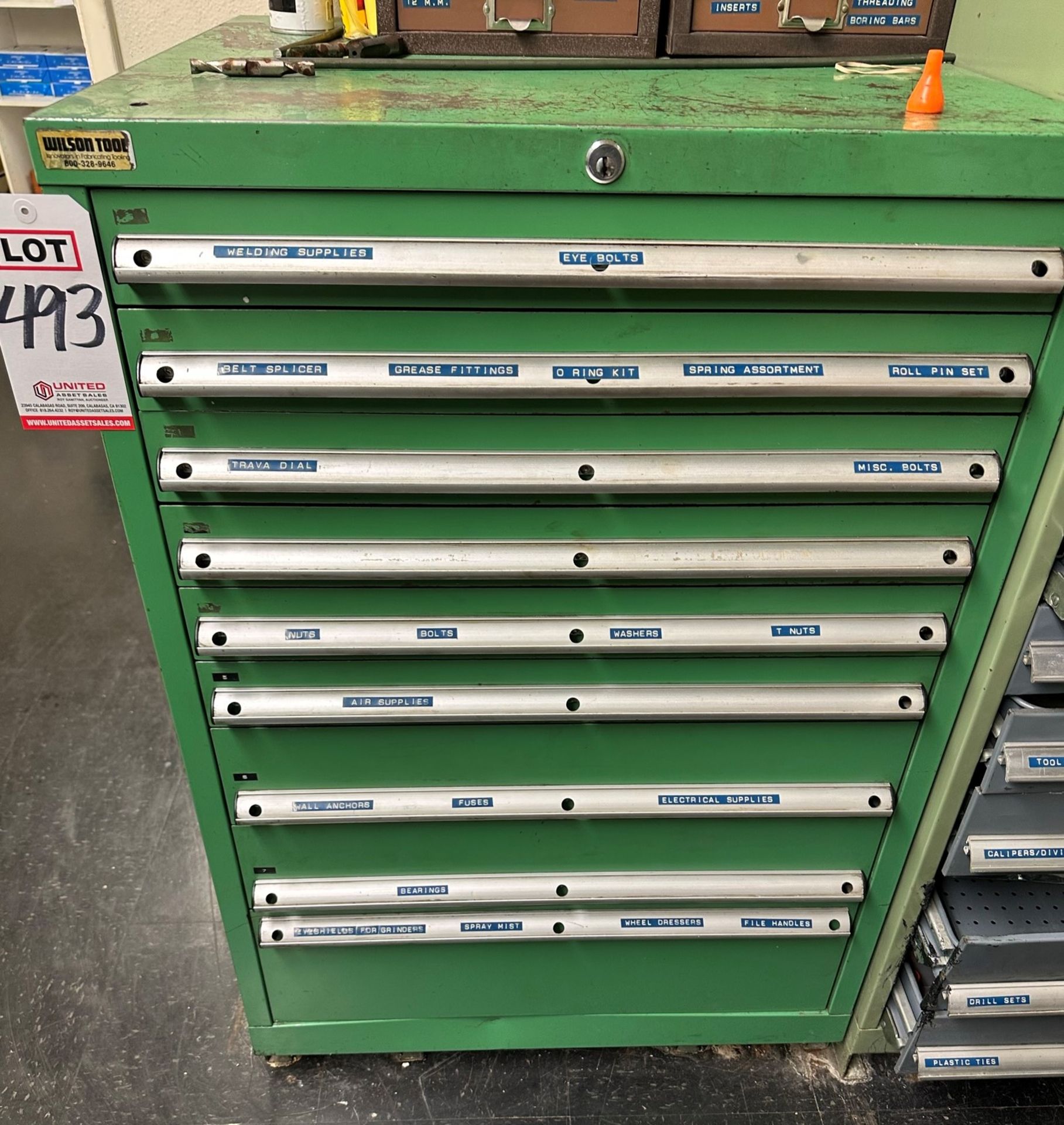 9-DRAWER TOOL CABINET, W/ CONTENTS, TO INCLUDE: CAP SCREWS, BRASS AIR FITTINGS, GRINDING WHEEL - Image 11 of 11