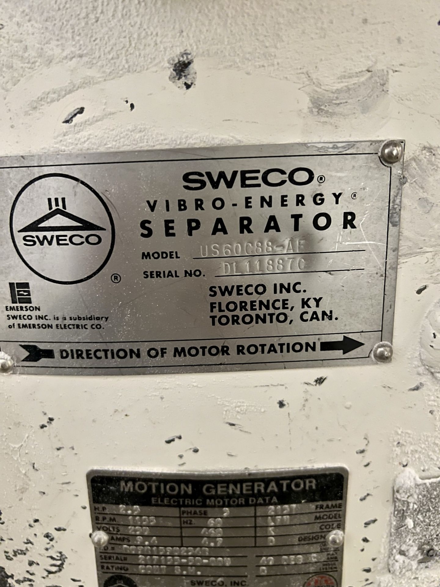 SWECO VIBRO ENERGY SEPARATOR, MODEL US60C88-AF, 1200 RPM, 2.5 HP, S/N DL11887C - Image 13 of 13