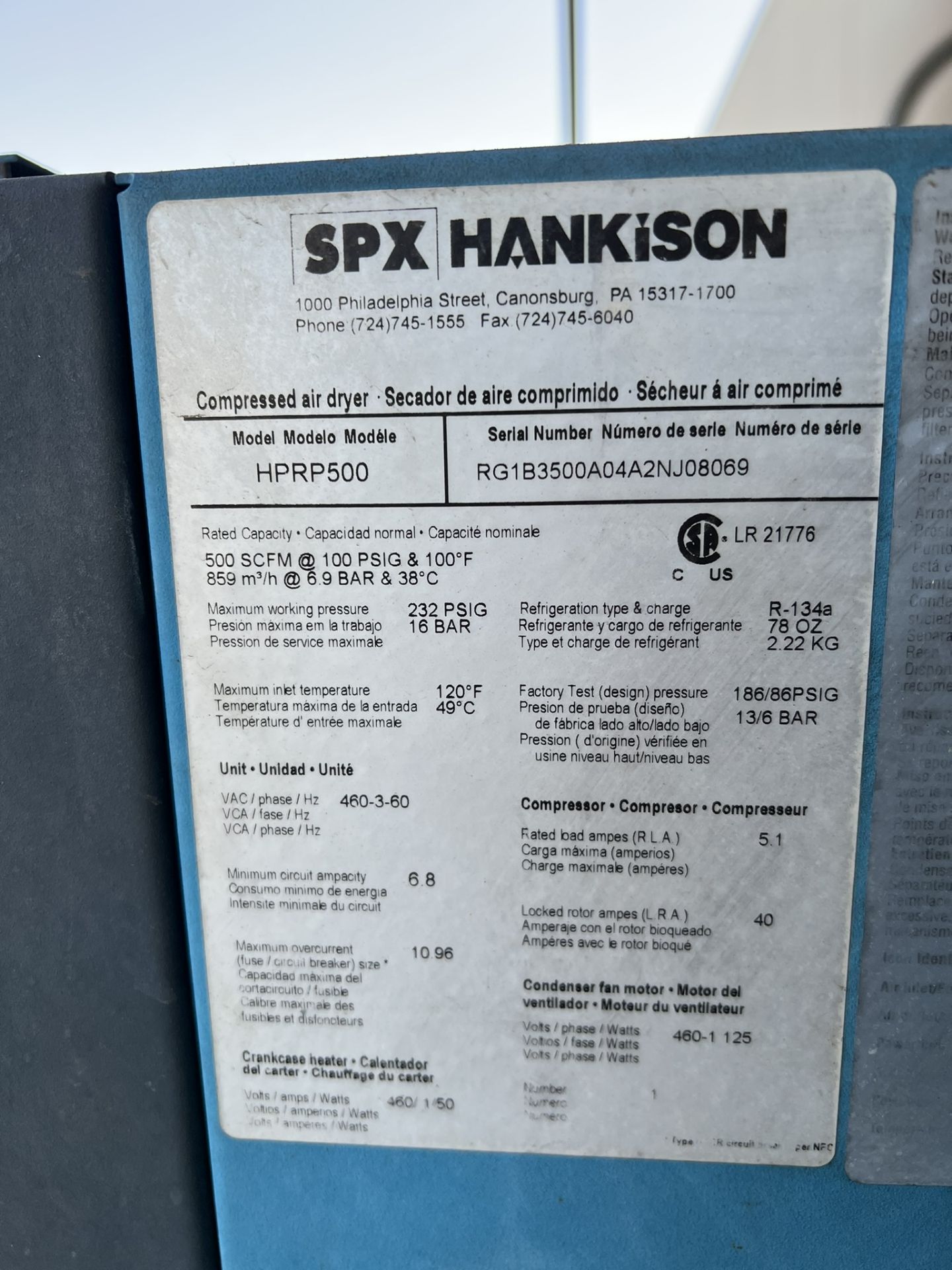 HANKISON COMPRESSED AIR DRYER, MODEL HPRP500, S/N RG1B3500A04A2NJ08069 - Image 3 of 3