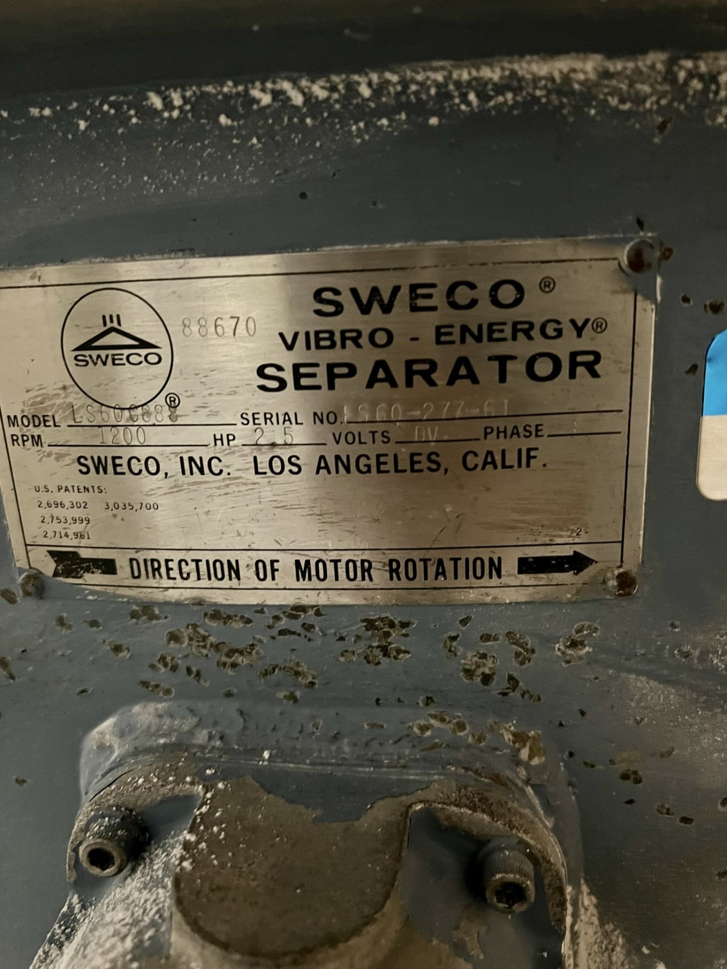 SWECO VIBRO ENERGY SEPARATOR, MODEL LS60C888, 1200 RPM, 2.5 HP, S/N LS60-277-61 - Image 7 of 7