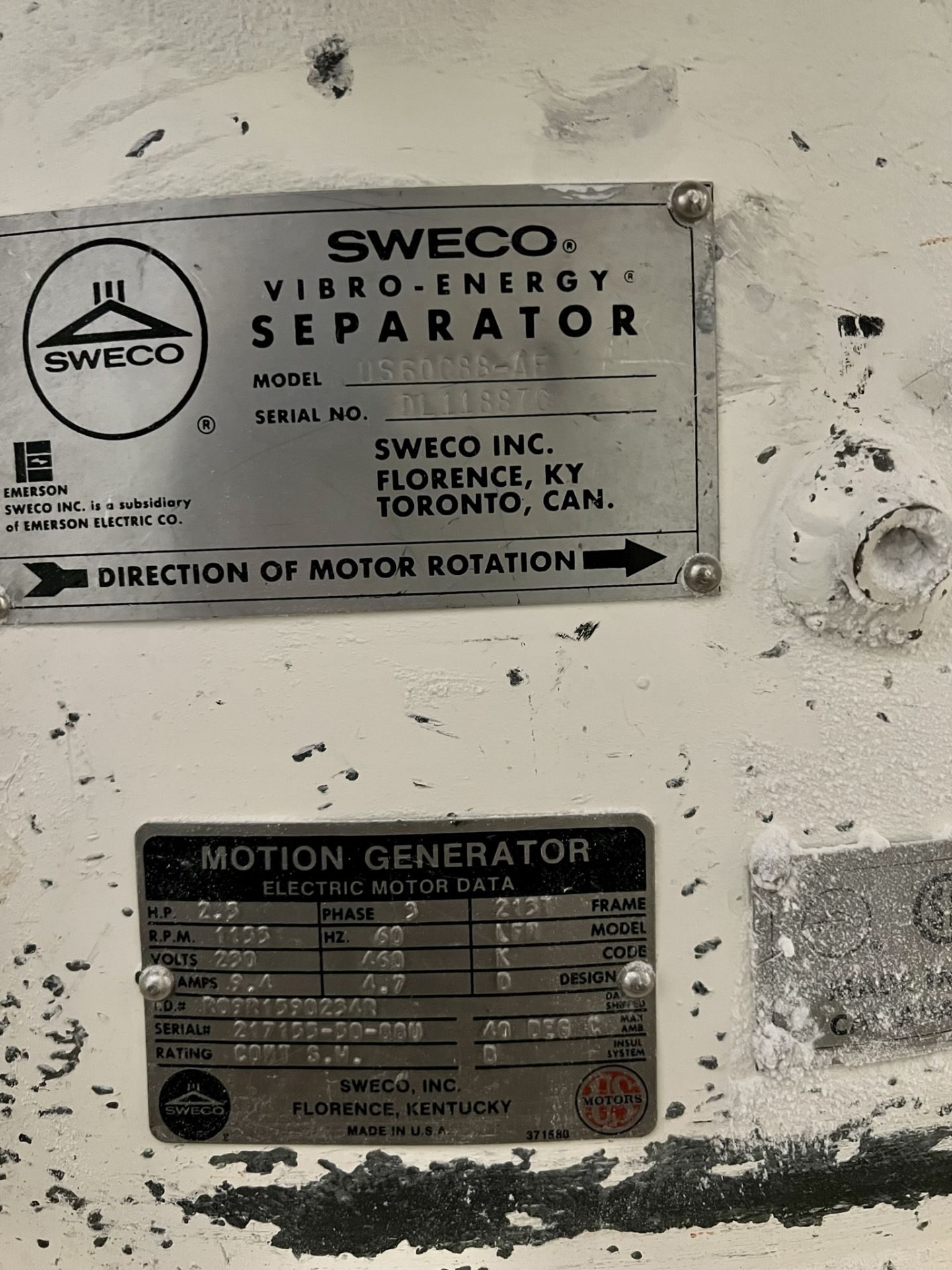 SWECO VIBRO ENERGY SEPARATOR, MODEL US60C88-AF, 1200 RPM, 2.5 HP, S/N DL11887C - Image 12 of 13