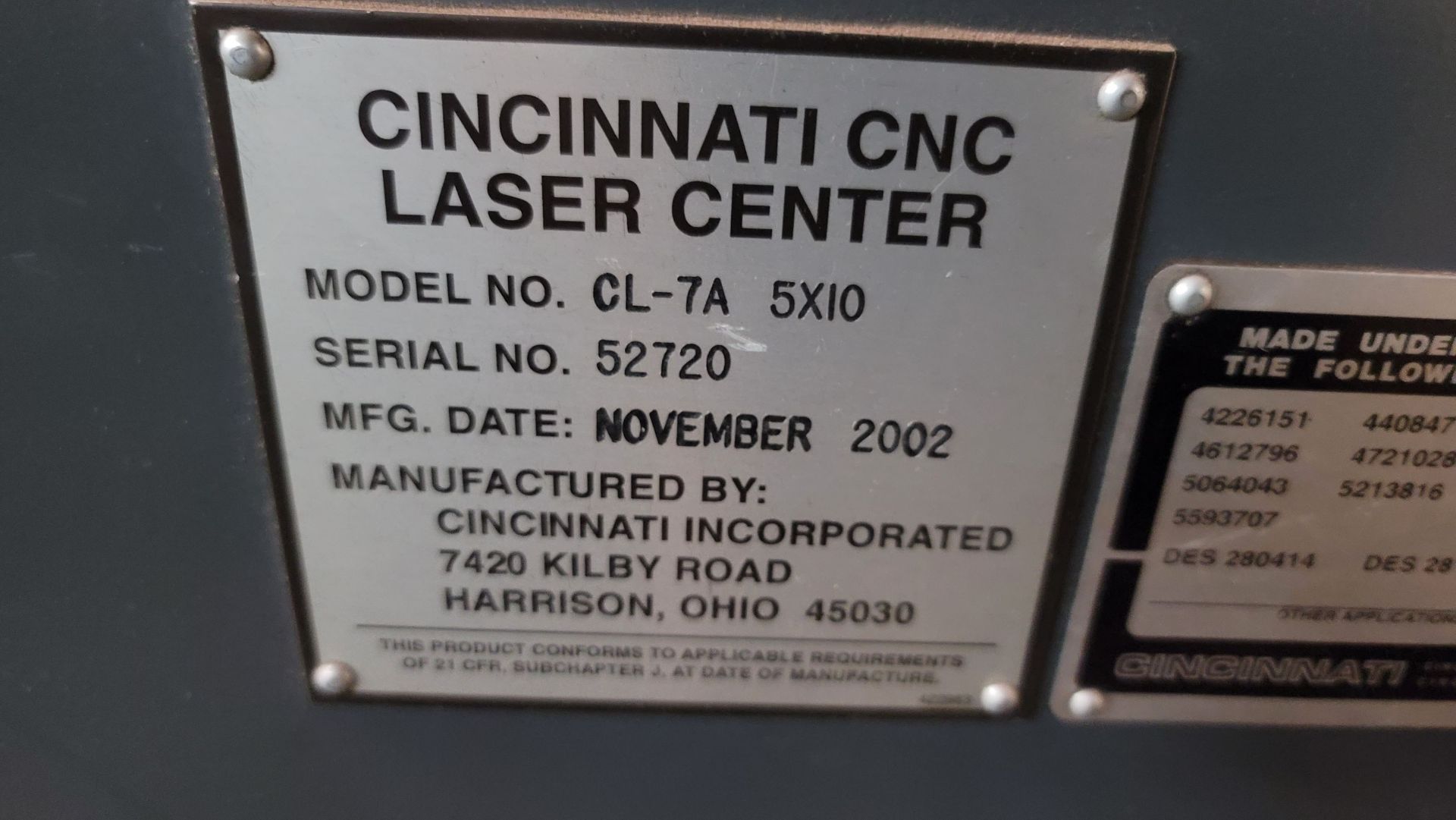 2002 CINCINNATI CL-7A LASER CENTER, 5' X 10' CAPACITY, 3500 WATT LASER SOURCE, ROFIN LASER DC035, - Image 6 of 8