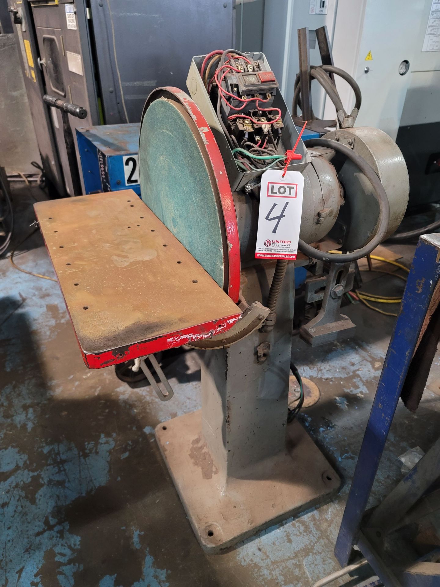 CRESCENT MACHINE CO. COMBINATION 18" DISC GRINDER & 6" GRINDER FITTED W/ FLAPPER WHEEL, 1-3/4 HP