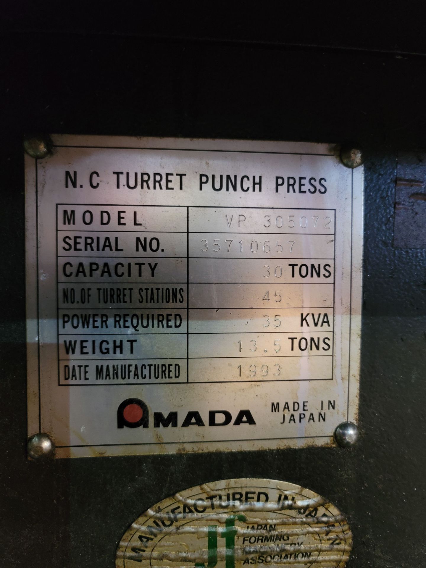 1993 AMADA VIPROS 357 TURRET PUNCH PRESS, MODEL VP 305072, 30-TON CAPACITY, 45-STATION THICK TURRET, - Image 8 of 13