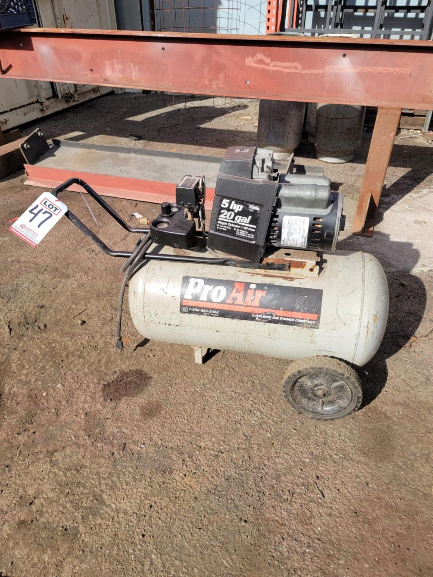 PRO AIR (by DeVilbiss) 5 HP PORTABLE AIR COMPRESSOR, 20 GAL TANK, MODEL PRF-5020-WK, 119 CFM, 125 PS