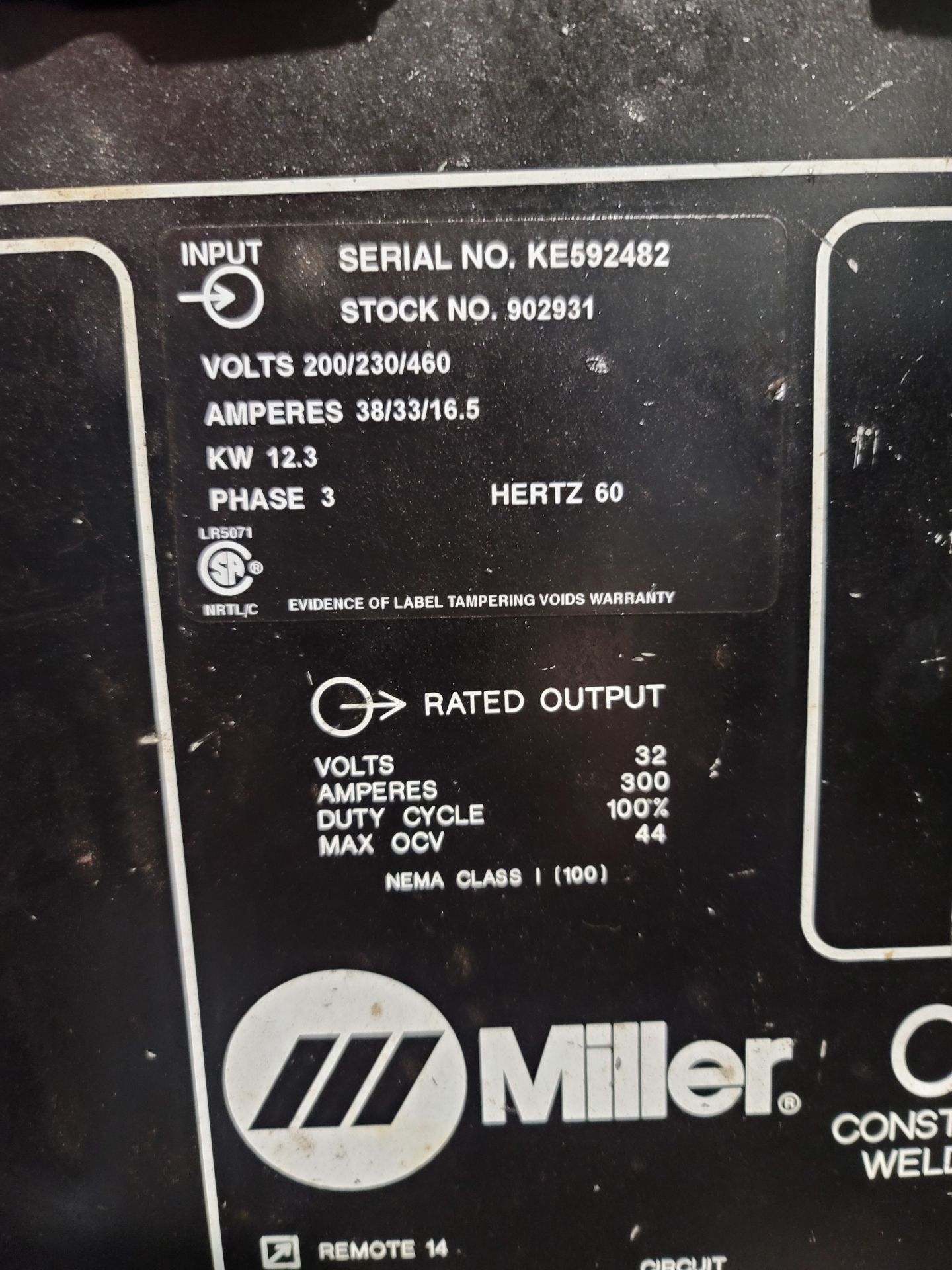 MILLER CP-300 CV-DC WELDING POWER SOURCE, STOCK NO. 902931, S/N KE592482 - Image 3 of 3
