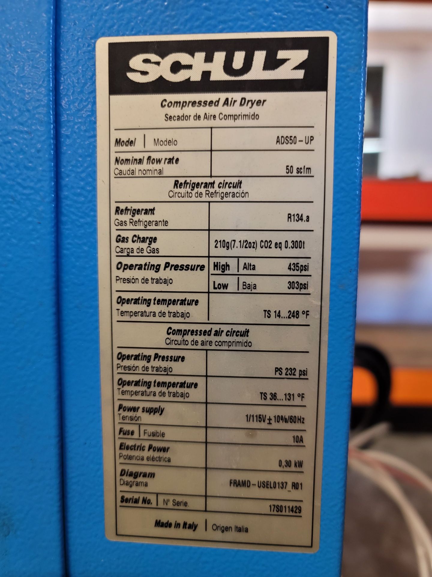 SCHULZ COMPRESSED AIR DRYER, MODEL ADS50-UP, NOMINAL FLOW RATE: 50 SCIM, S/N 17S011429, W/ STAND - Image 4 of 4