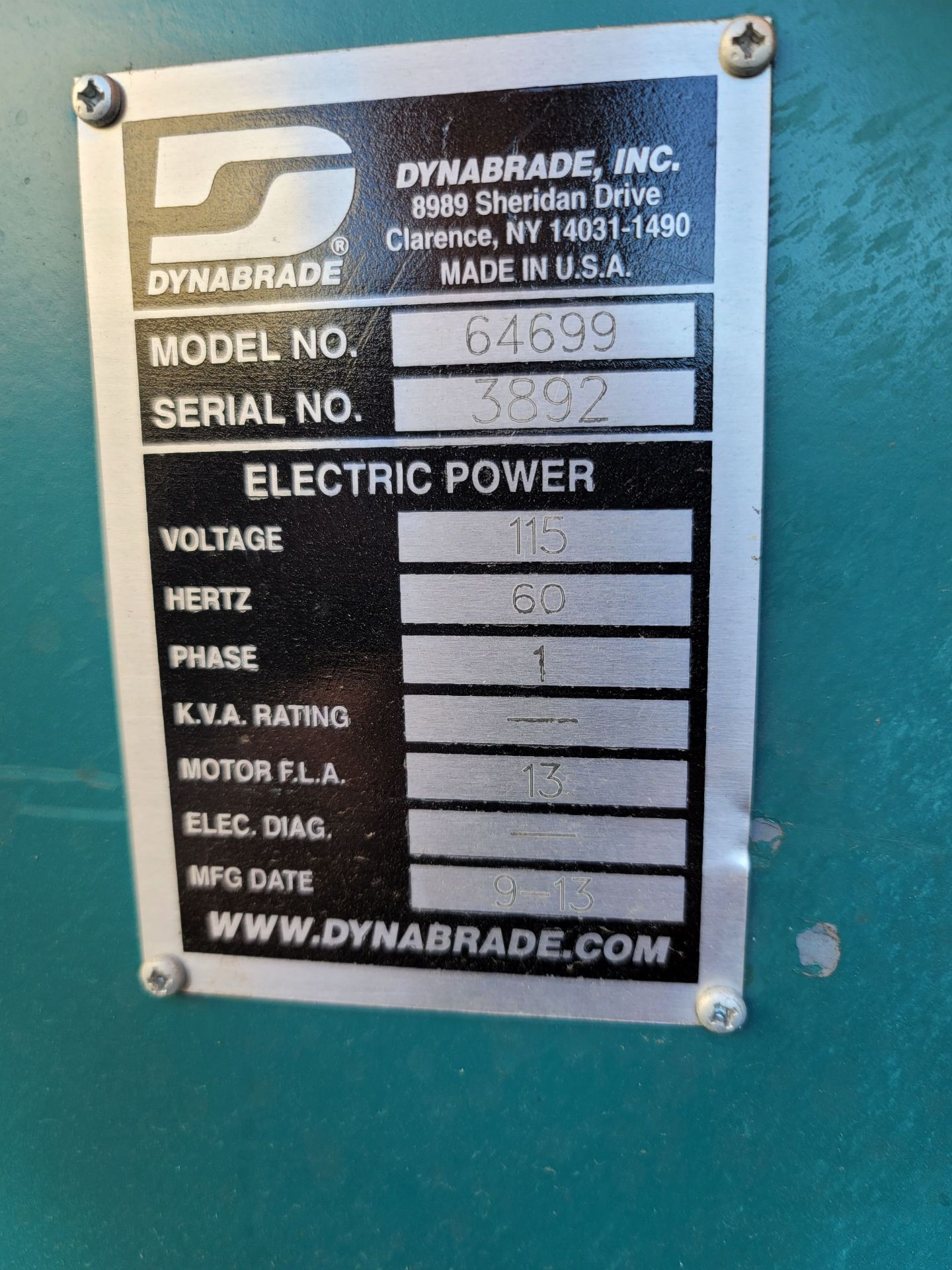 DYNABRADE DOWNDRAFT SANDING TABLE, 5' X 33", MODEL 64699, 115V/60HZ/1-PHASE, S/N 3892, NEEDS NEW - Image 4 of 4