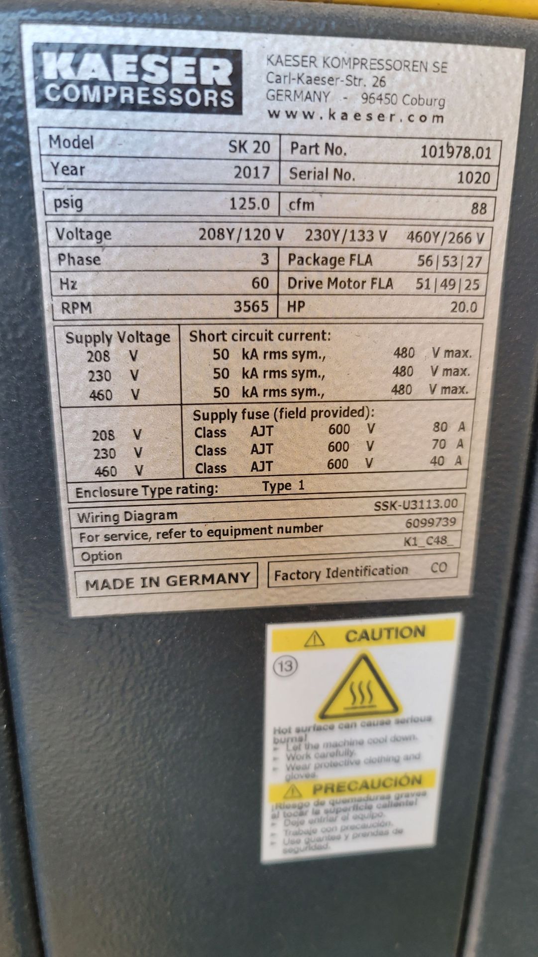 2017 KAESER SK-20 SCREW TYPE AIR COMPRESSOR, 20 HP, SIGMA CONTROL 2 PANEL, 88 CFM, 125 PSIG, PART - Image 3 of 3