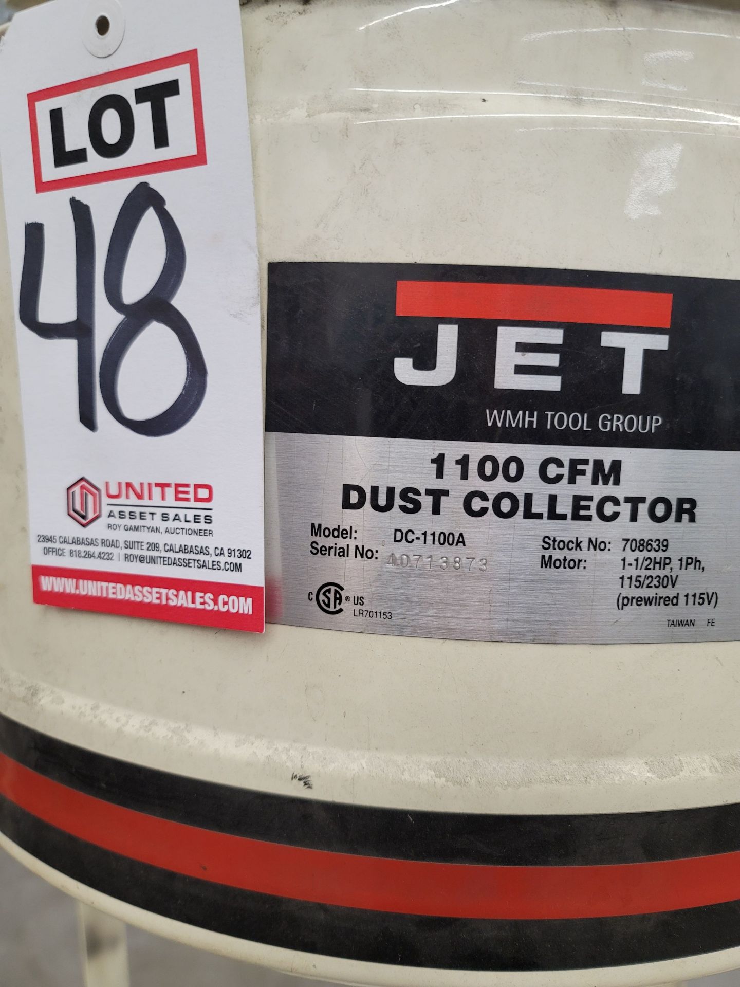 JET 1100 CFM DUST COLLECTOR, MODEL DC-1100A, 1-1/2 HP, SINGLE PHASE, S/N 40713873, MISSING THE - Image 2 of 4
