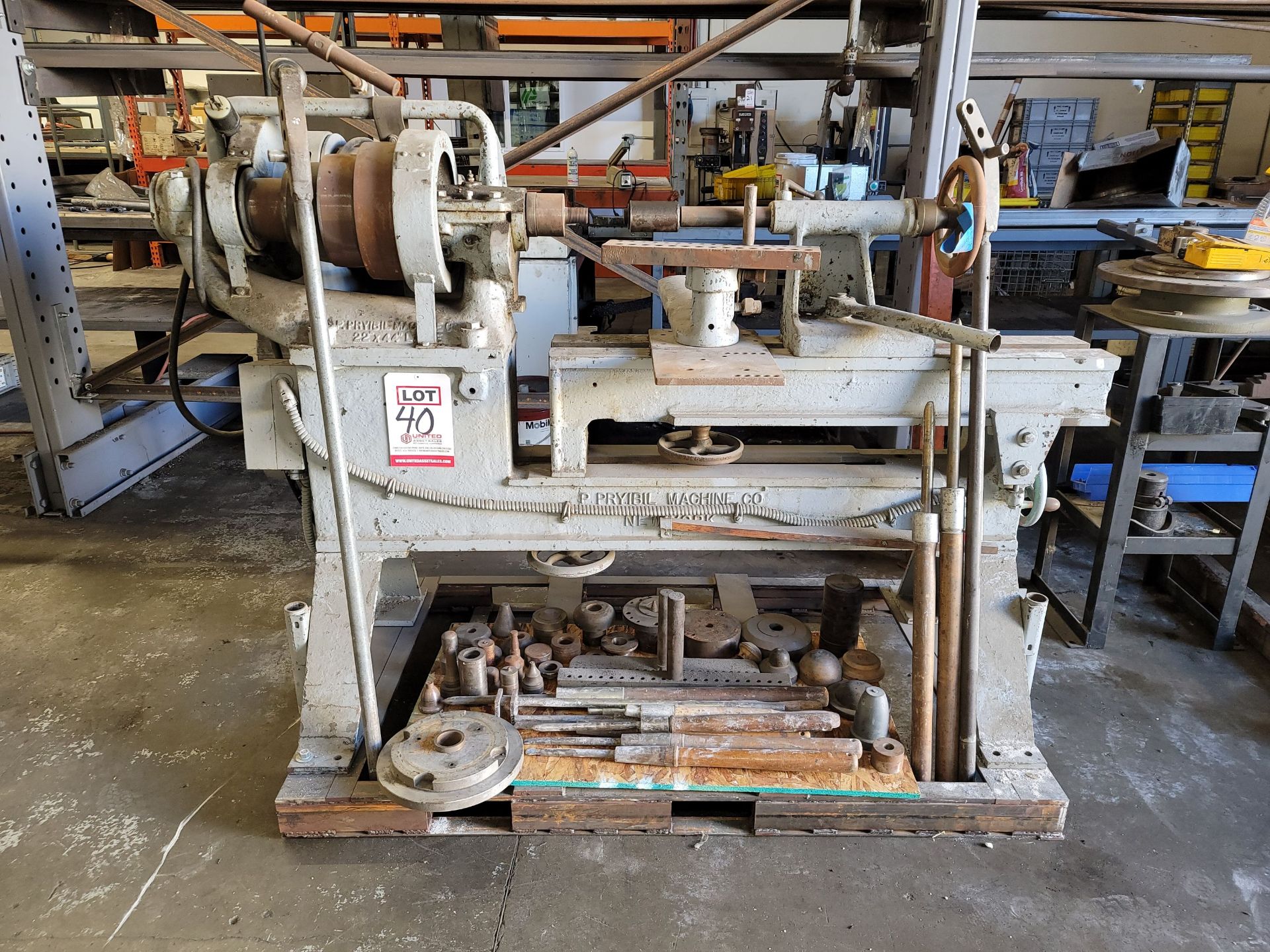P. PRYIBIL MACHINE CO. 22" X 44" METAL SPINNING LATHE, W/ ALL ACCESSORIES AS PICTURED