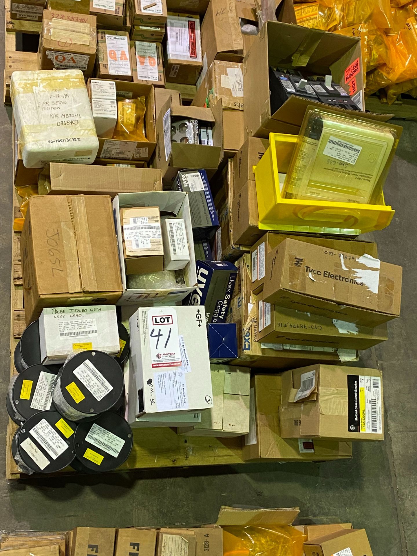 PALLET OF BREAKERS, RELAYS, SWITCHES & MISC.