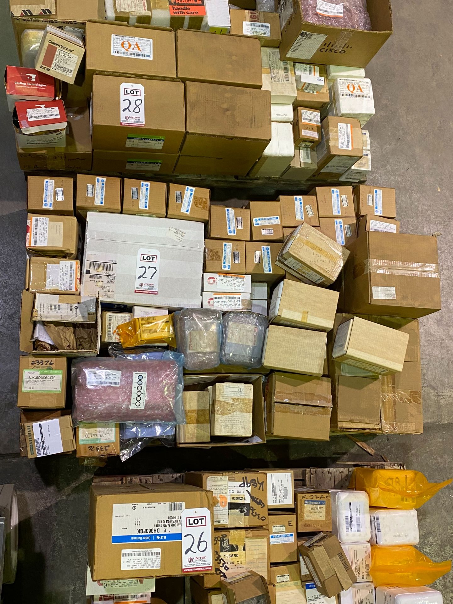 PALLET OF BREAKERS, RELAYS, SWITCHES & MISC.