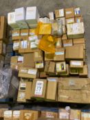 PALLET OF BREAKERS, RELAYS, SWITCHES & MISC.