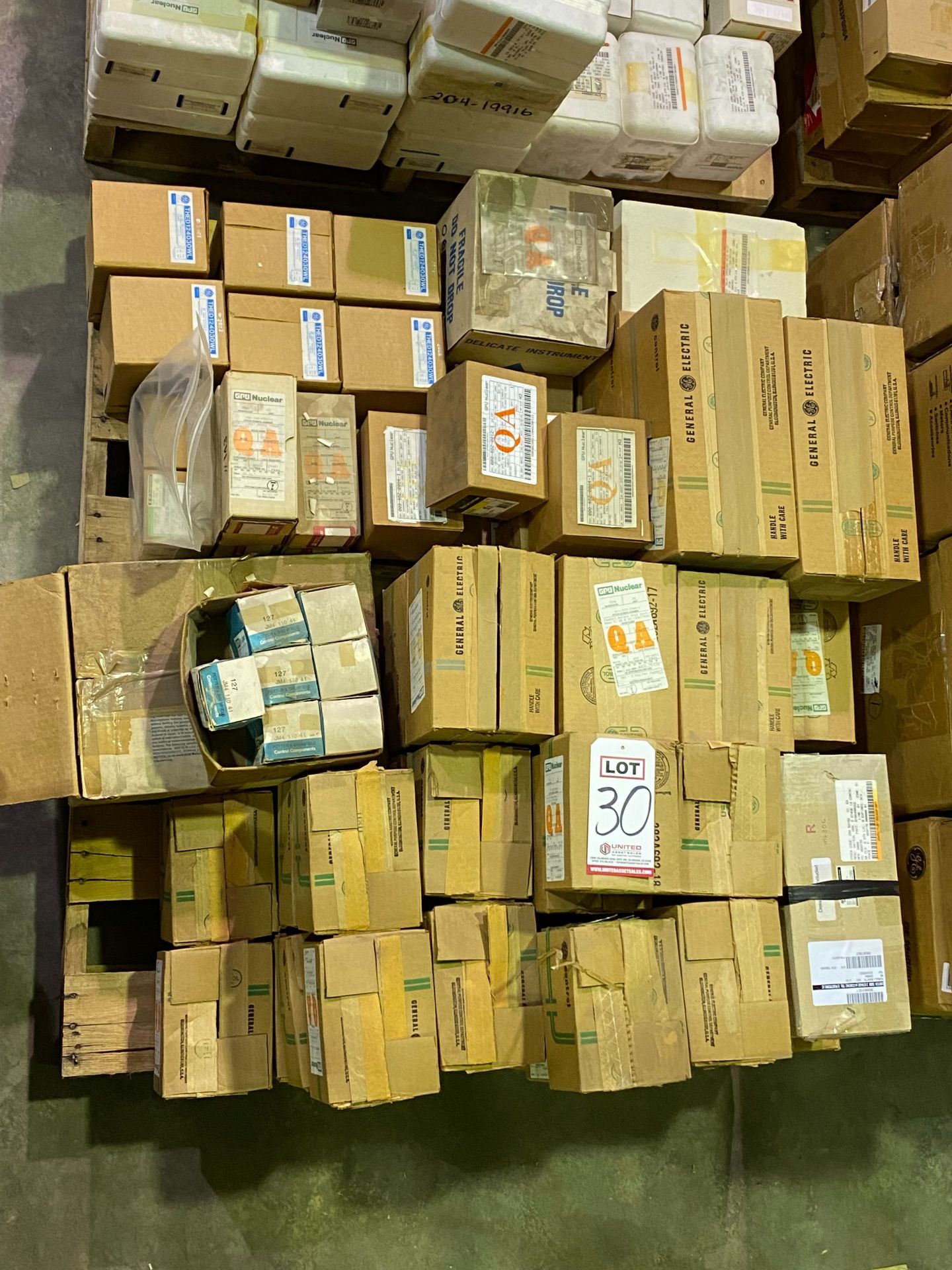 PALLET OF BREAKERS, RELAYS, SWITCHES & MISC.