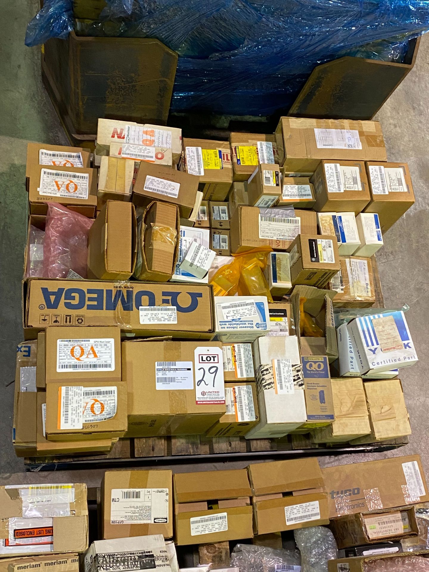 PALLET OF BREAKERS, RELAYS, SWITCHES & MISC.