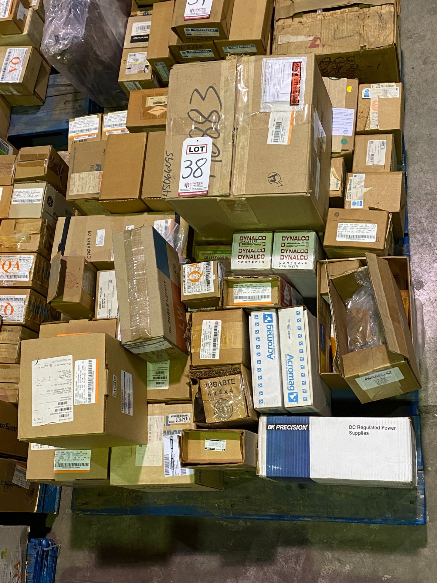 PALLET OF BREAKERS, RELAYS, SWITCHES & MISC.