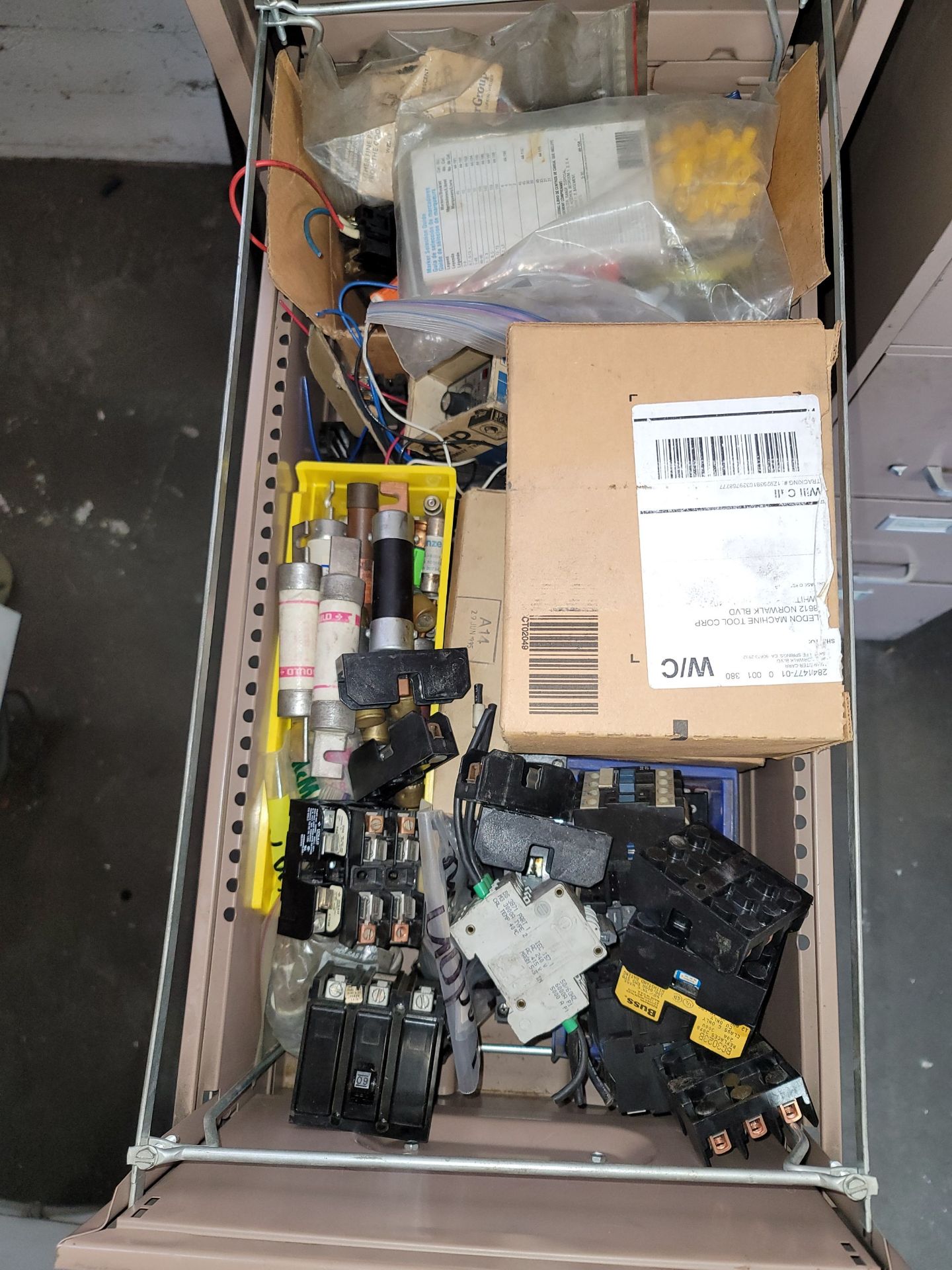 LOT - CONTENTS ONLY OF FILE DRAWER: ELECTRICAL COMPONENTS, BREAKERS, CONTACTORS, ETC.