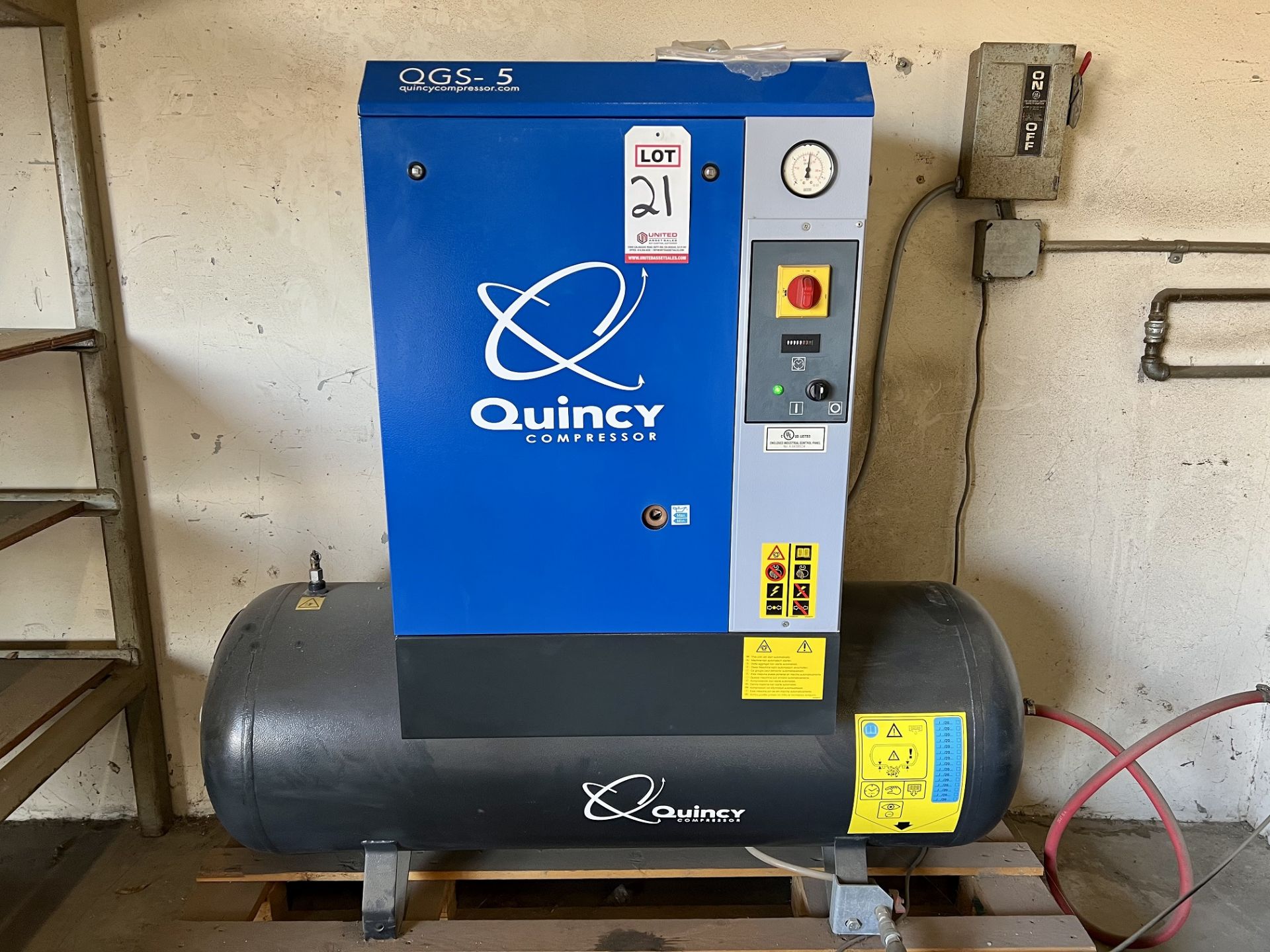 2016 QUINCY QGS-5 ROTARY SCREW COMPRESSOR, 5 HP, 969 HOURS, S/N CAI921596