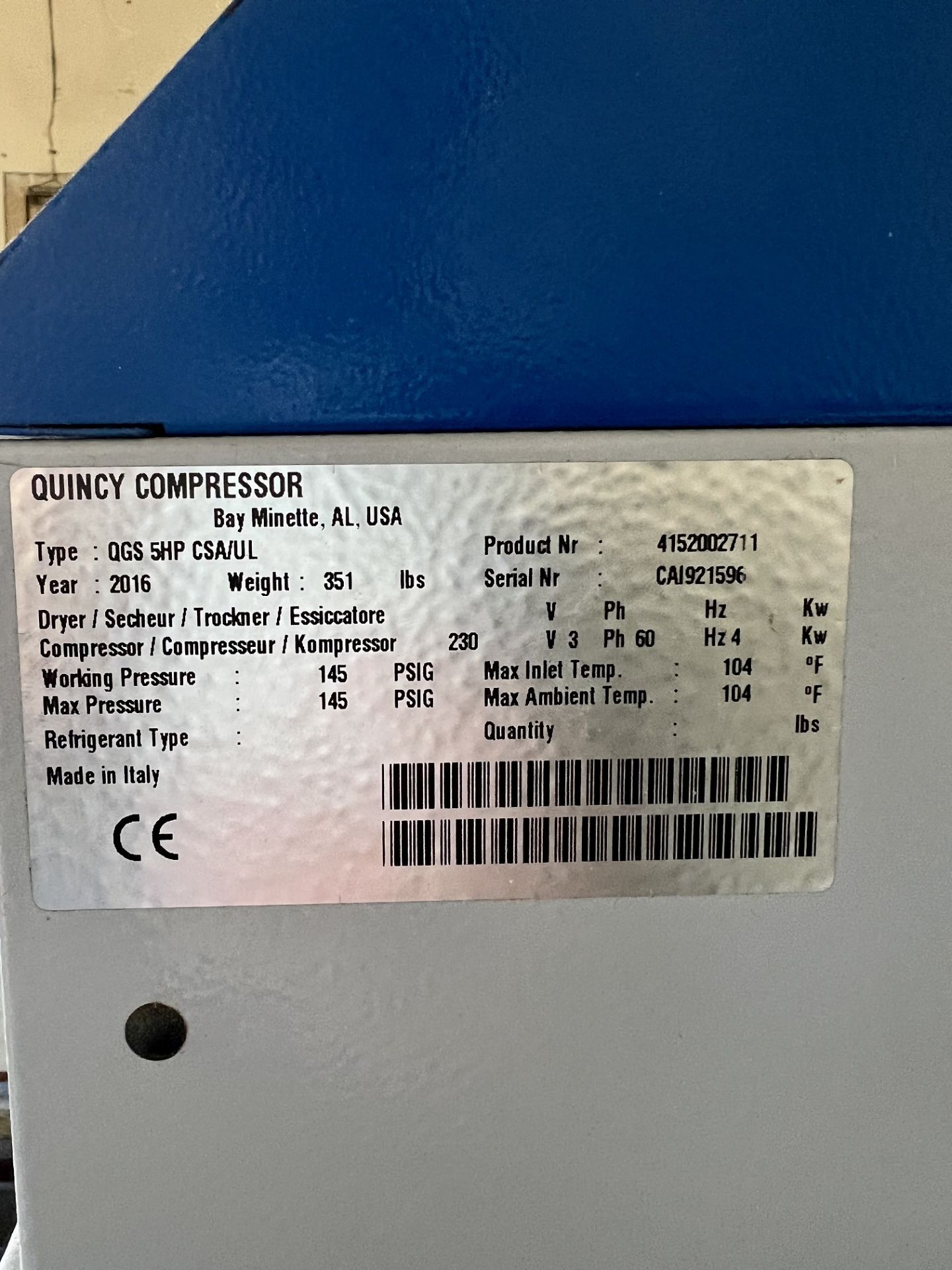 2016 QUINCY QGS-5 ROTARY SCREW COMPRESSOR, 5 HP, 969 HOURS, S/N CAI921596 - Image 4 of 5