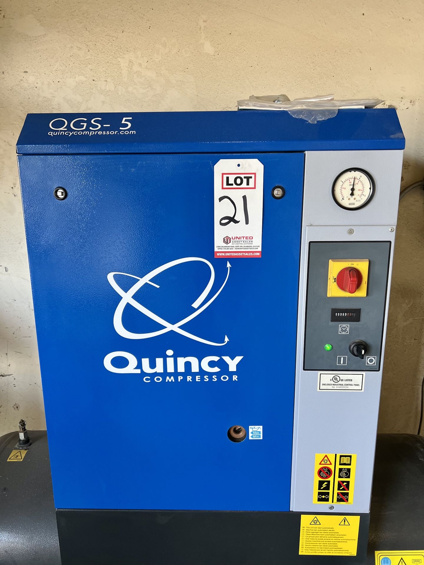 2016 QUINCY QGS-5 ROTARY SCREW COMPRESSOR, 5 HP, 969 HOURS, S/N CAI921596 - Image 3 of 5