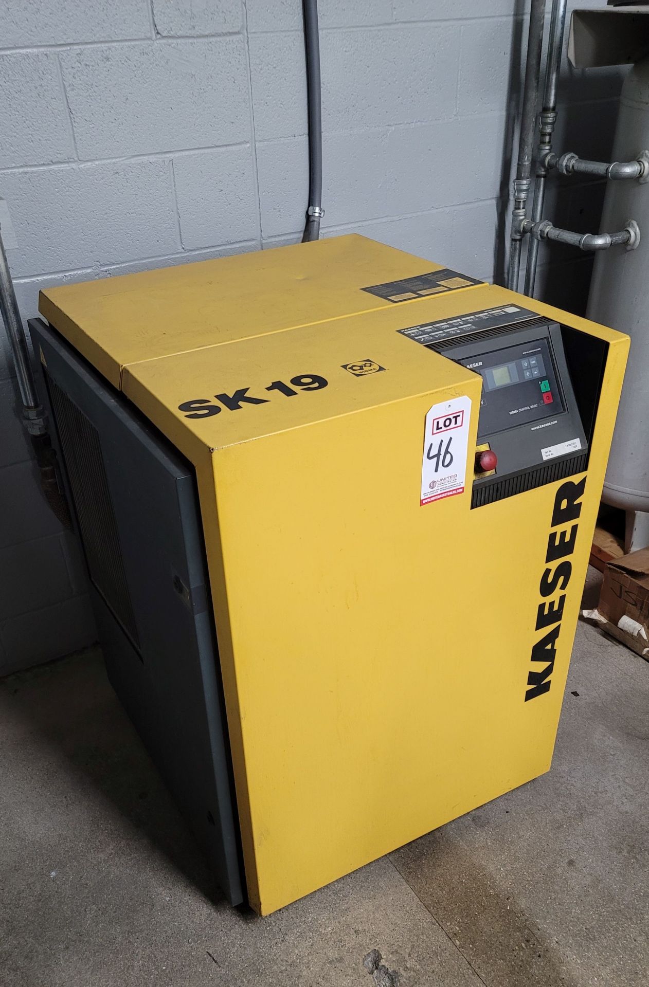 KAESER SK19 ROTARY SCREW AIR COMPRESSOR, 15 HP, S/N 1230, HOURS: 10,558