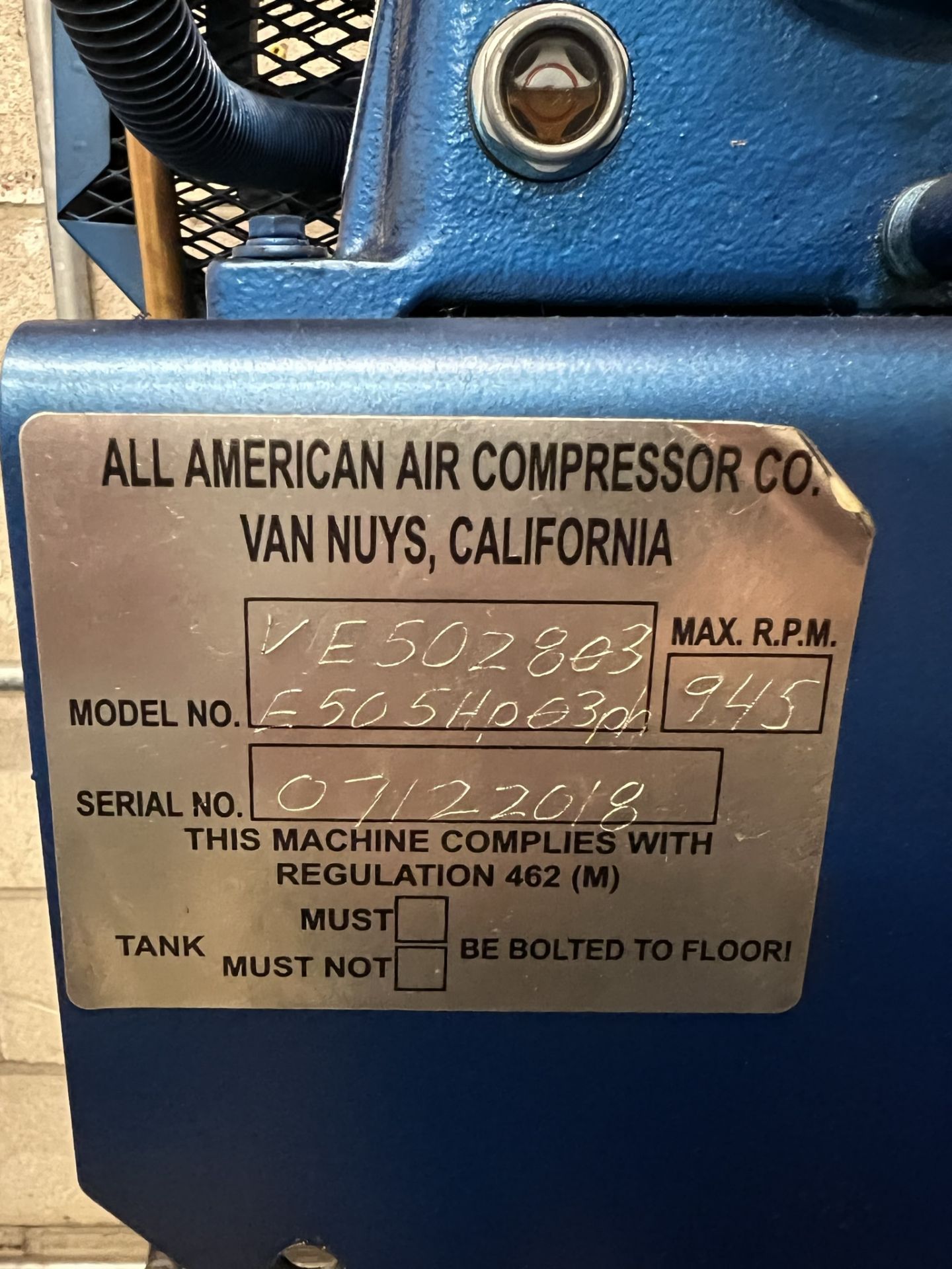 2018 ALL AMERICAN VERTICAL AIR COMPRESSOR, 5 HP, S/N 07122018 - Image 3 of 3