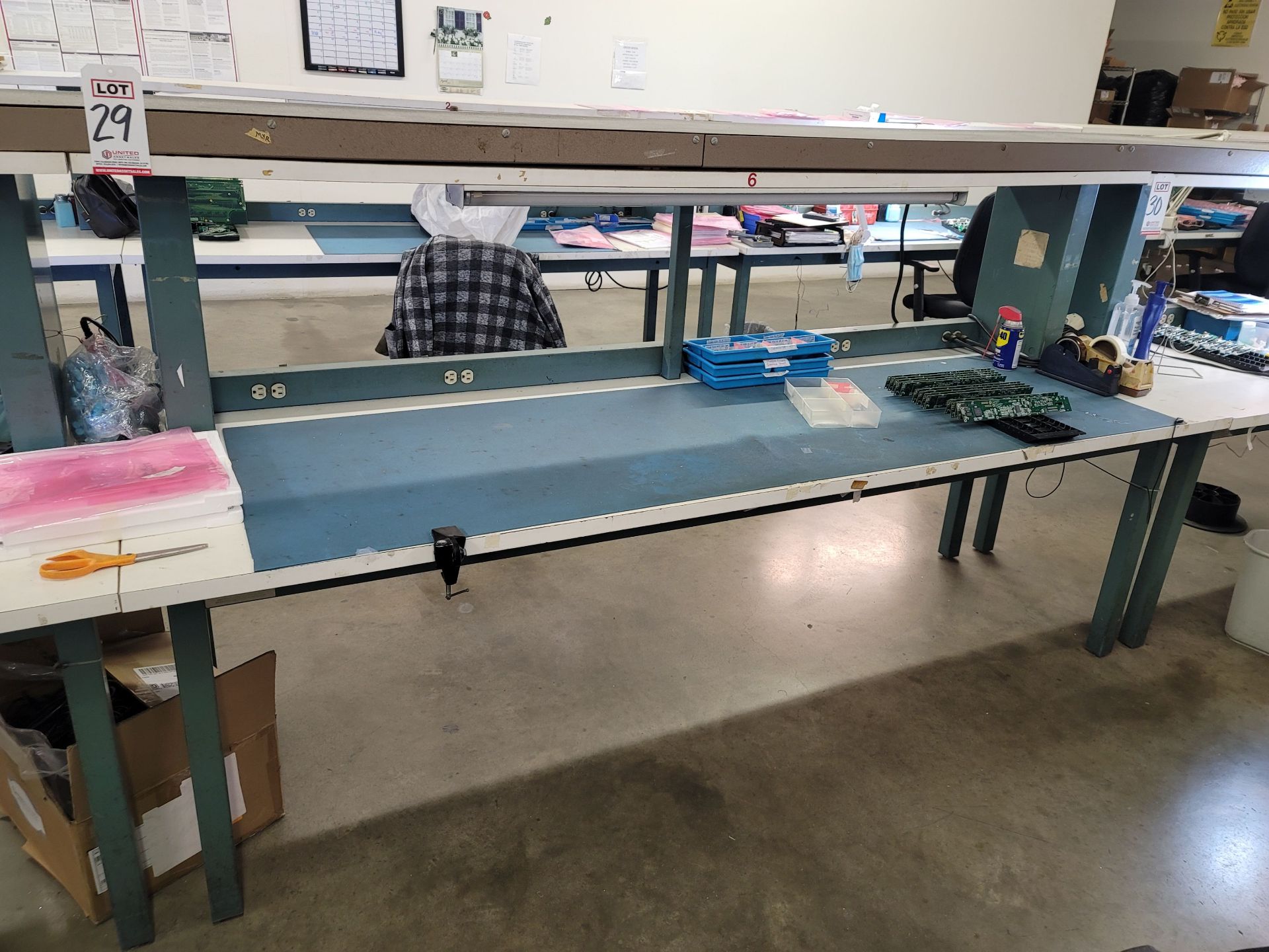 ASSEMBLY TABLE W/ POWER STRIP AND FLUORESCENT LIGHTING, 8' X 30" X 30", NO CONTENTS
