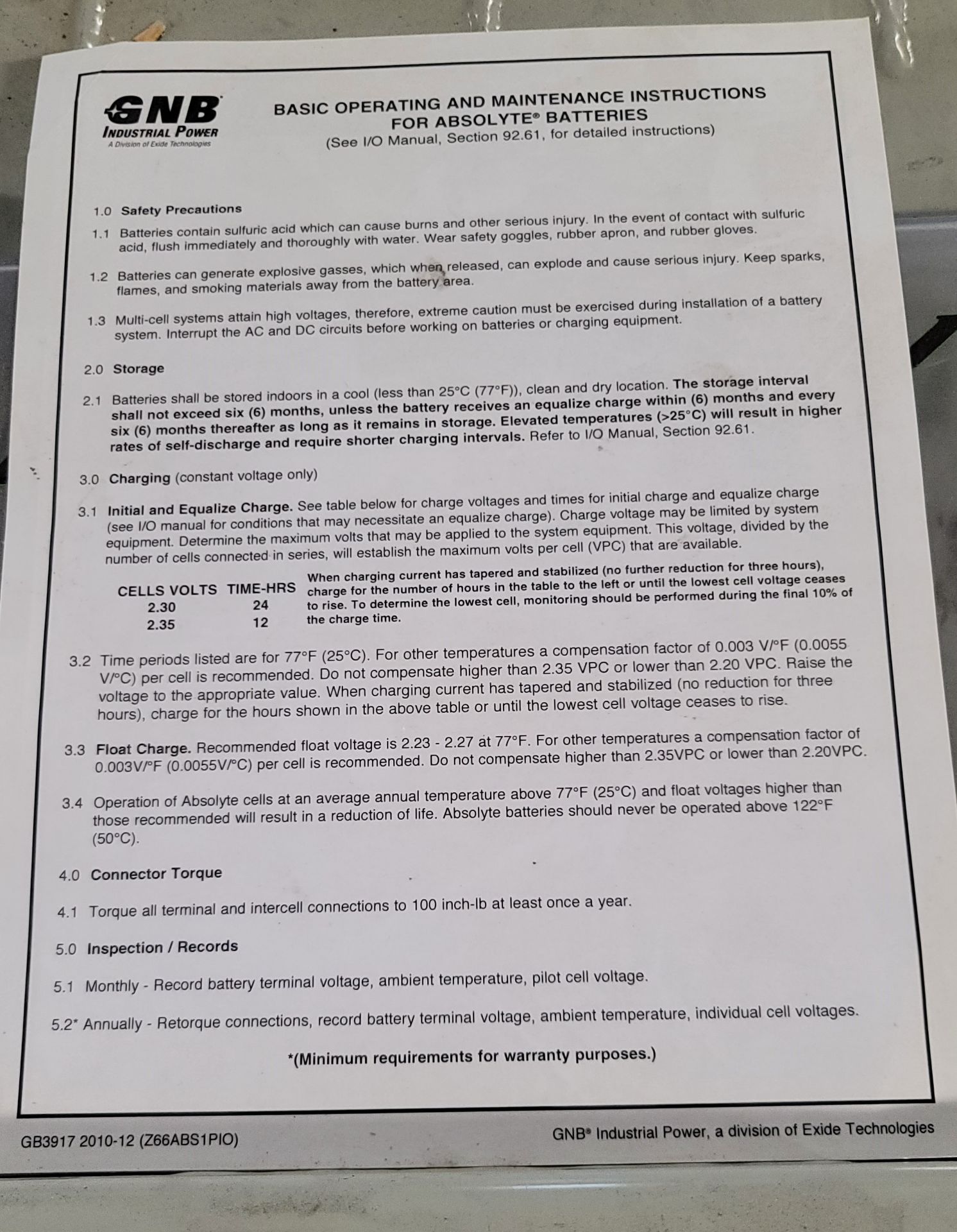 LOT - GNB INDUSTRIAL POWER ABSOLYTE 5-STACK BATTERY BANK, (EACH STACK HOUSES (6) 2.3 VOLT CELLS), ( - Image 4 of 5