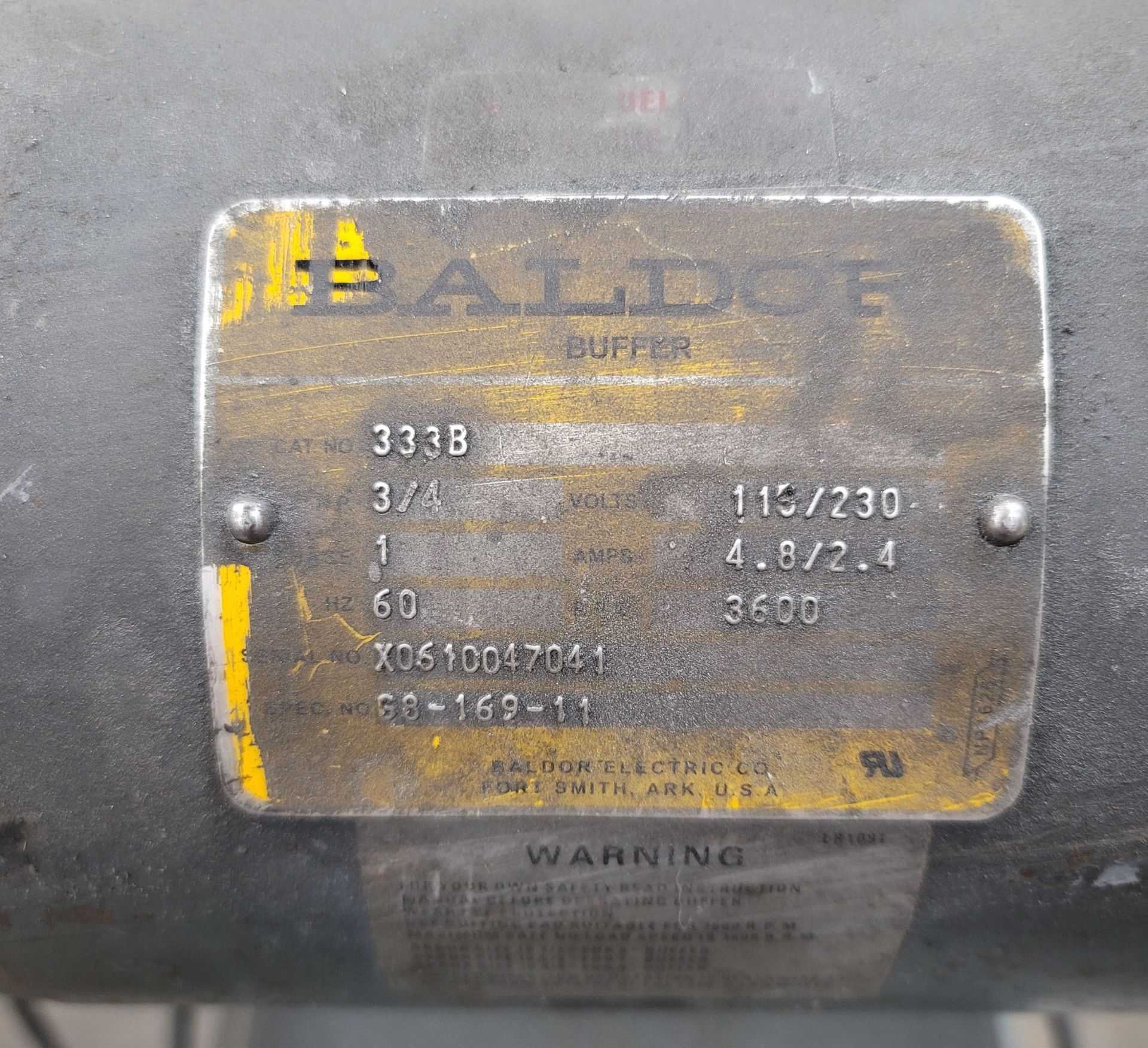 BALDOR 3/4 HP DOUBLE-END PEDESTAL GRINDER, MODEL 333B, 3,600 RPM, S/N X0610047041 - Image 2 of 2