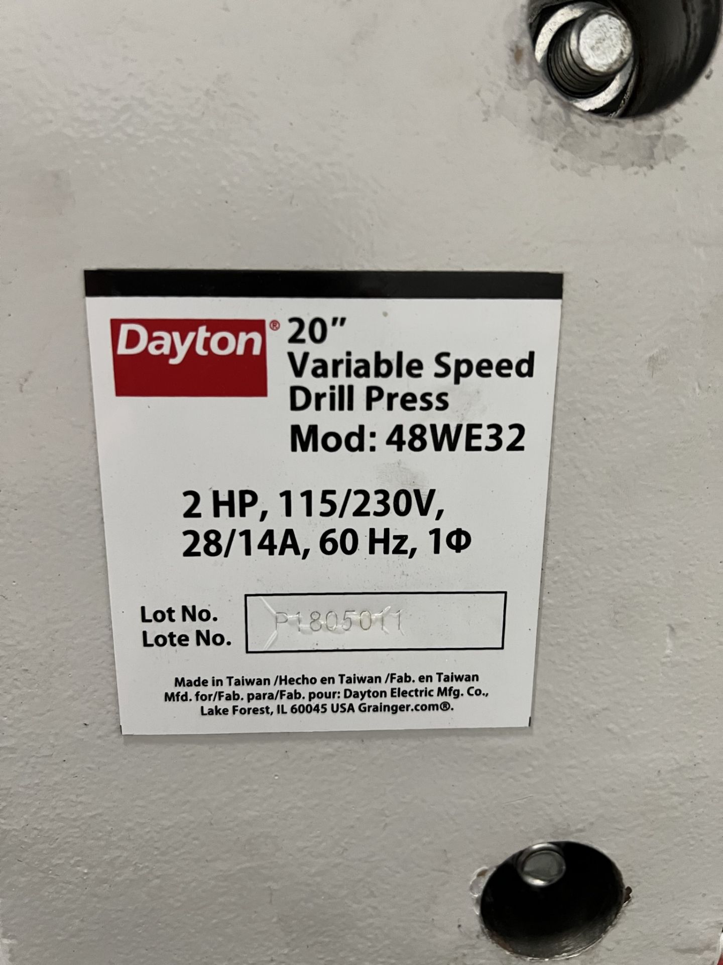 2018 DAYTON 20" 2-HP VARIABLE SPEED DRILL PRESS, MODEL 48WE32, 115/230V, S/N P1805011 - Image 7 of 8