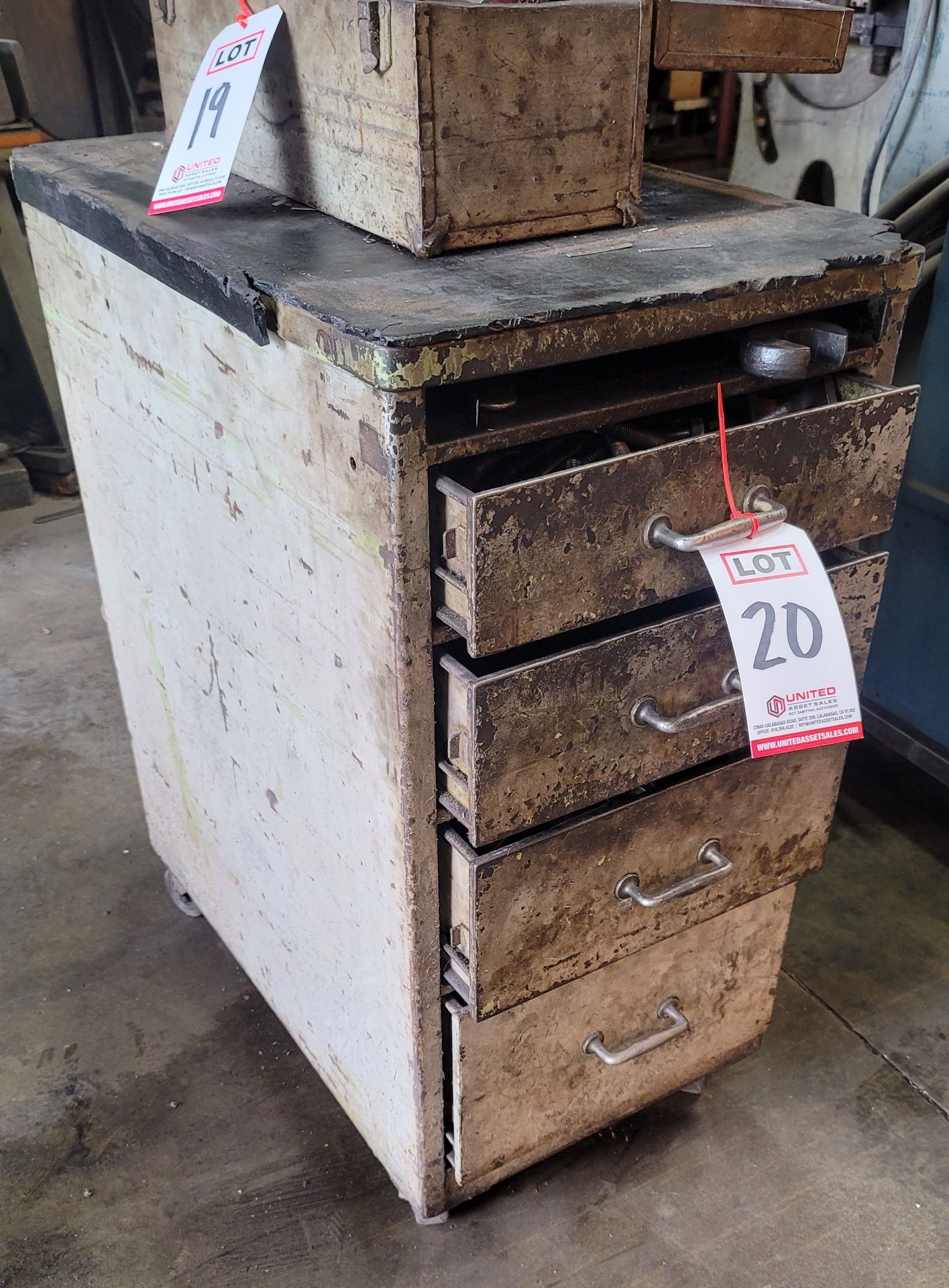 4-DRAWER STEEL CABINET W/ CONTENTS OF MISC. WORK HOLD-DOWN ITEMS