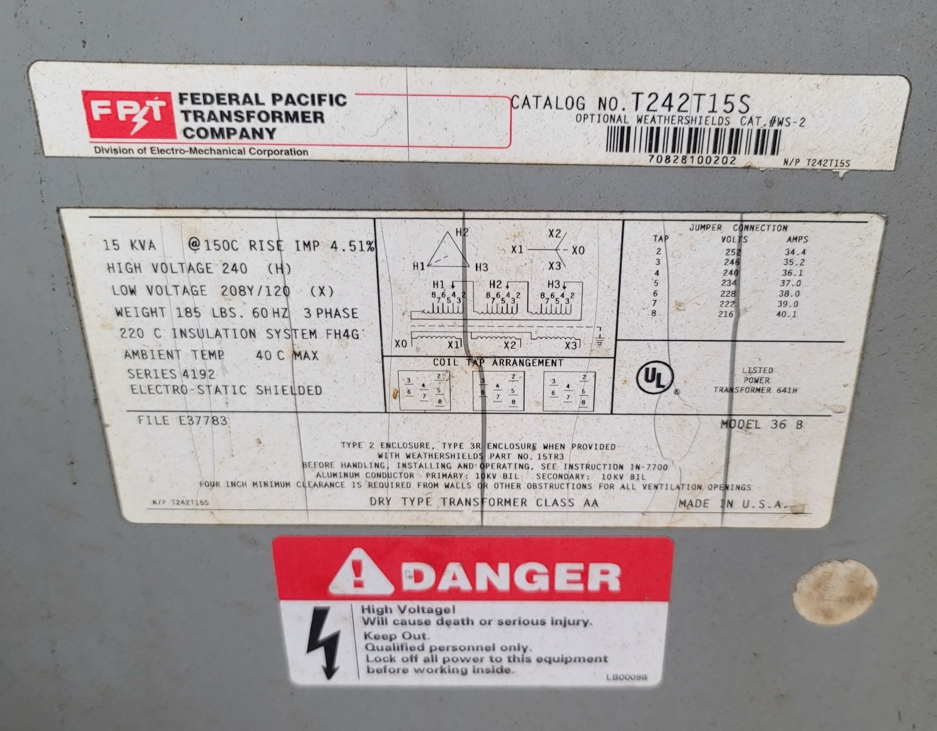 FEDERAL PACIFIC TRANSFORMER CO. DRY TYPE TRANSFORMER, 15 KVA, CLASS AA, HIGH VOLTAGE: 240V/LOW - Image 2 of 2