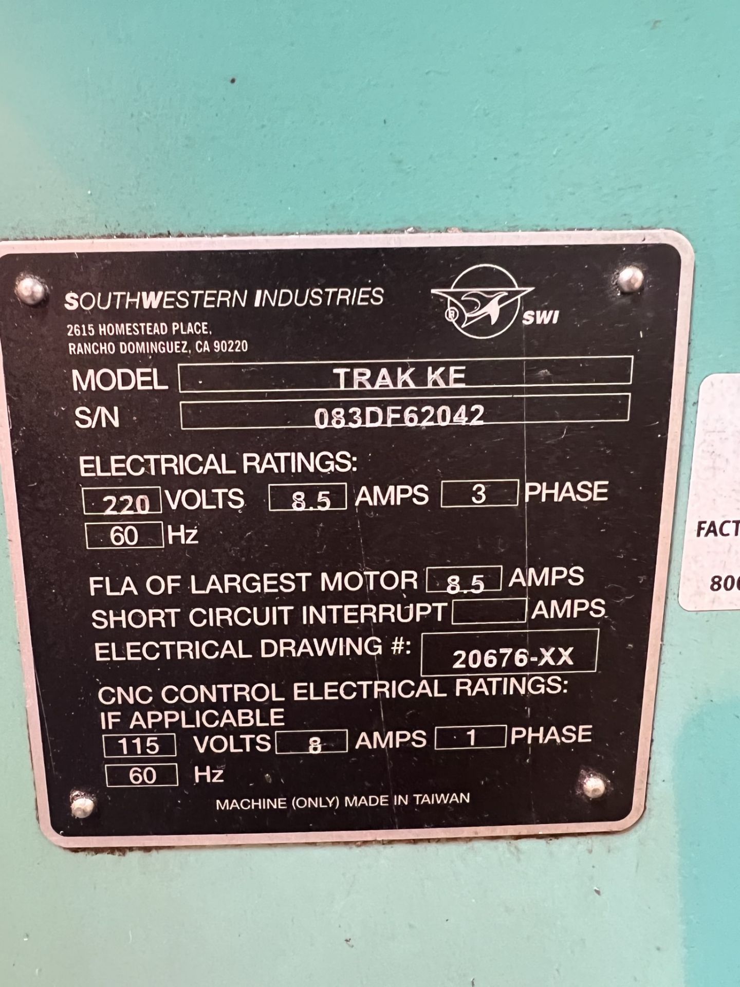 2009 TRAK KE VERTICAL MILL, AIR POWER DRAW BAR, POWER FEED, 50" X 10" TABLE, PROTO TRAK EMX CNC - Image 9 of 10