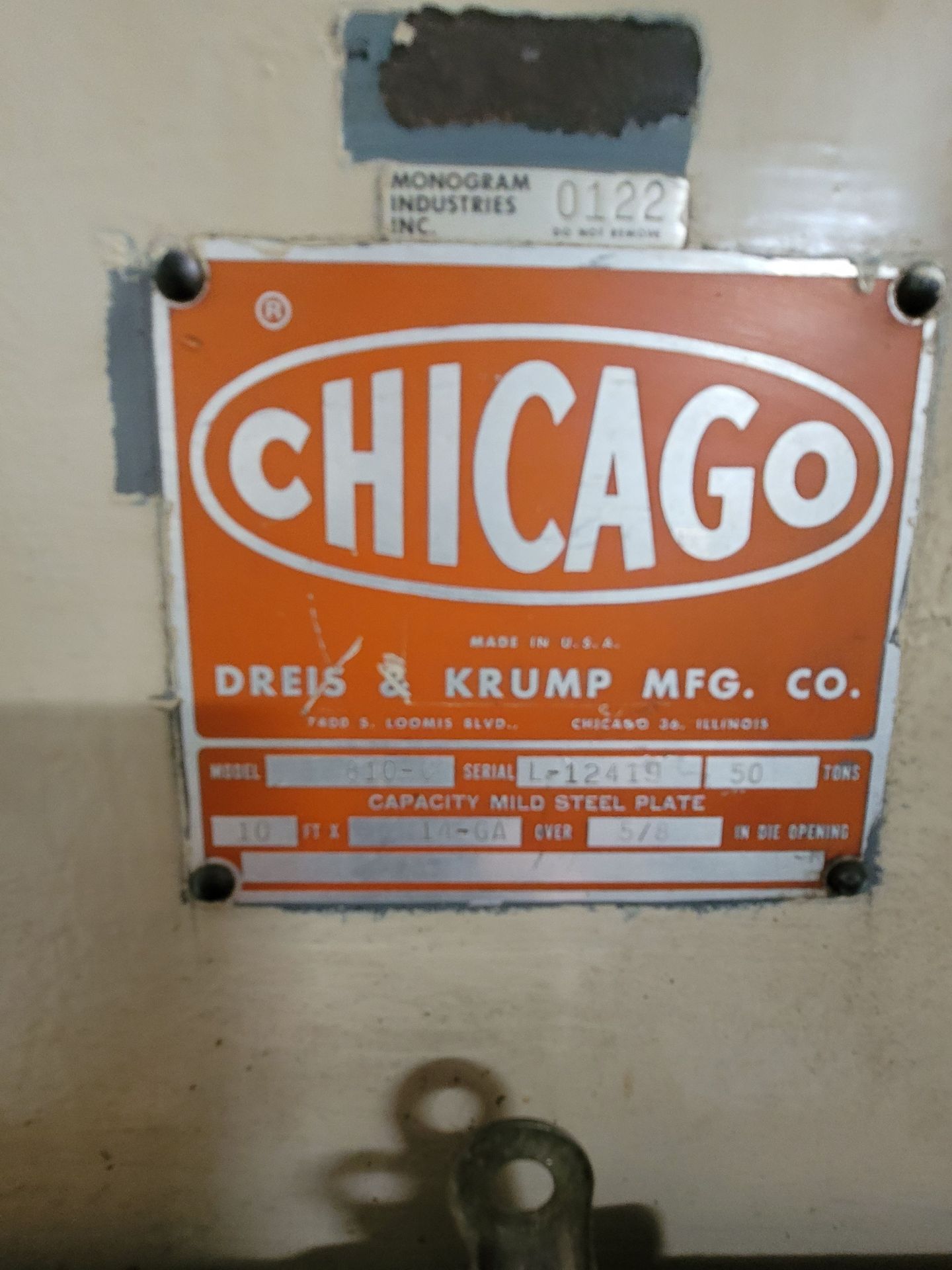 CHICAGO 810-C PRESS BRAKE, 50-TON CAPACITY, 10' X 14 GAGE, S/N L-12419, W/ RACK OF BRAKE DIES, (HH) - Image 7 of 16