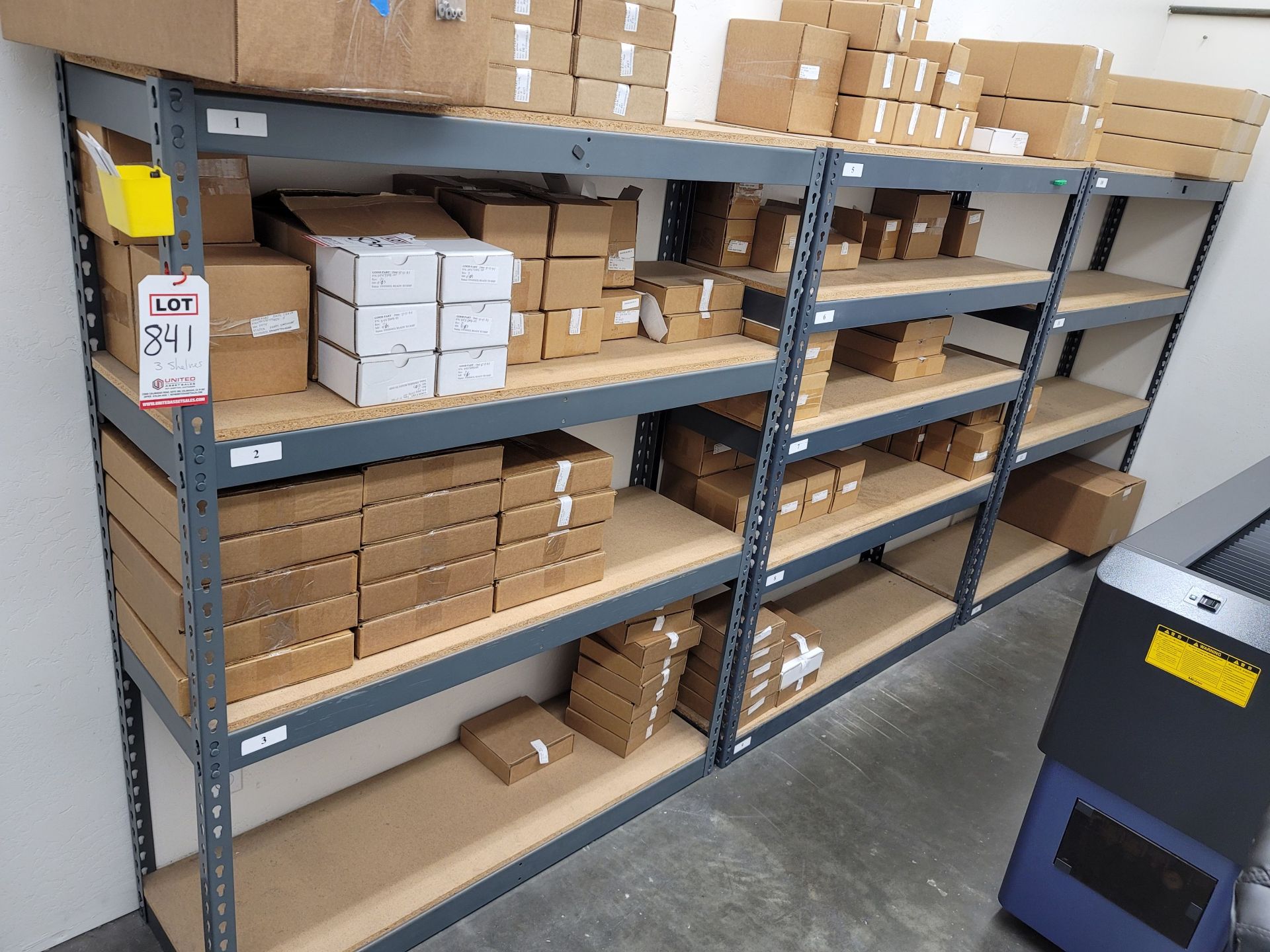 LOT - (3) SHELF UNITS, STEEL W/ PARTICLE BOARD SHELVES, 4' X 15' X 5' HEIGHT, CONTENTS NOT INCLUDED