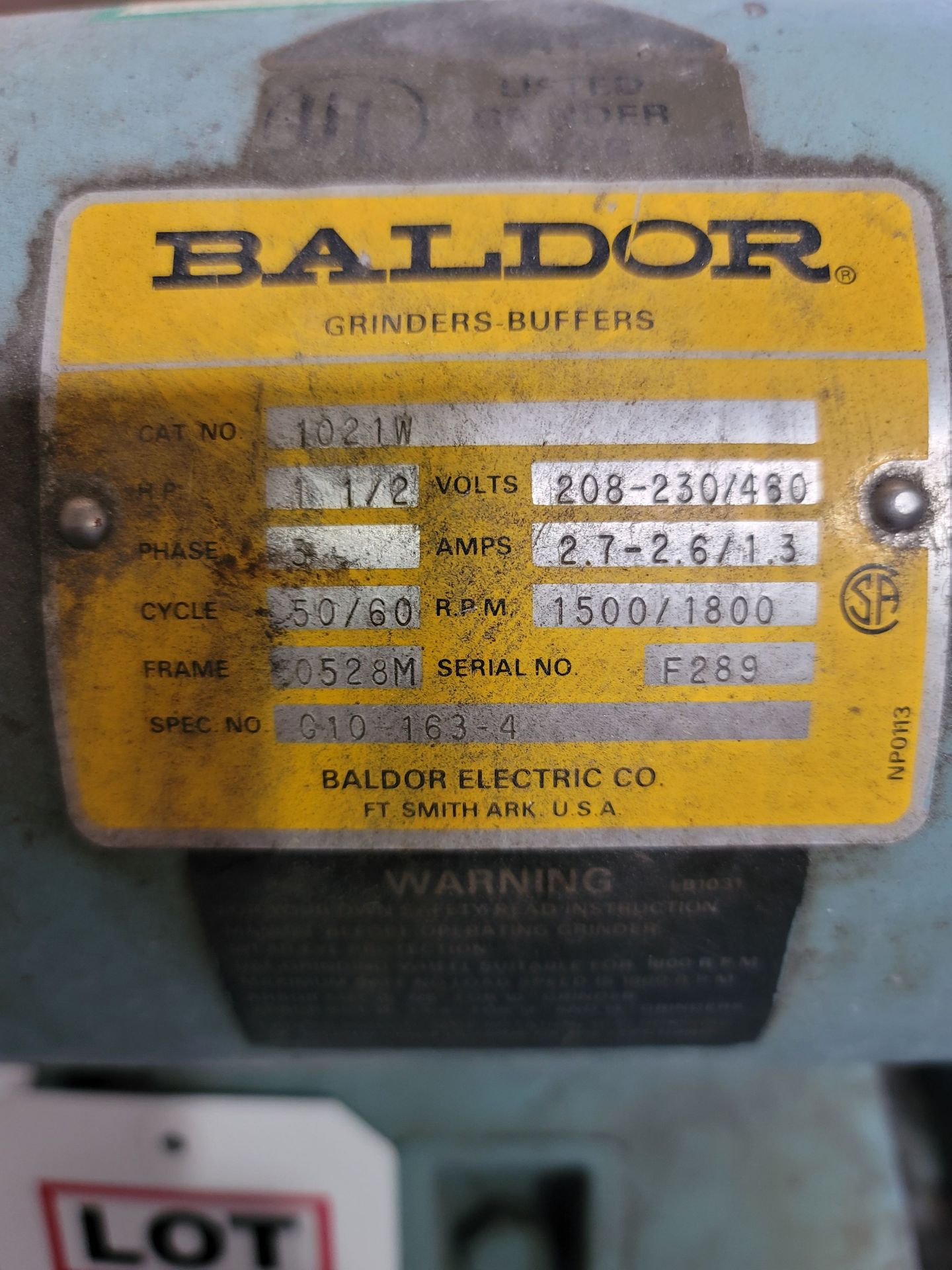 BALDOR 8" DOUBLE END GRINDER, 1-1/2 HP, CAT. NO. 1021W, S/N F289, W/ STAND - Image 2 of 2