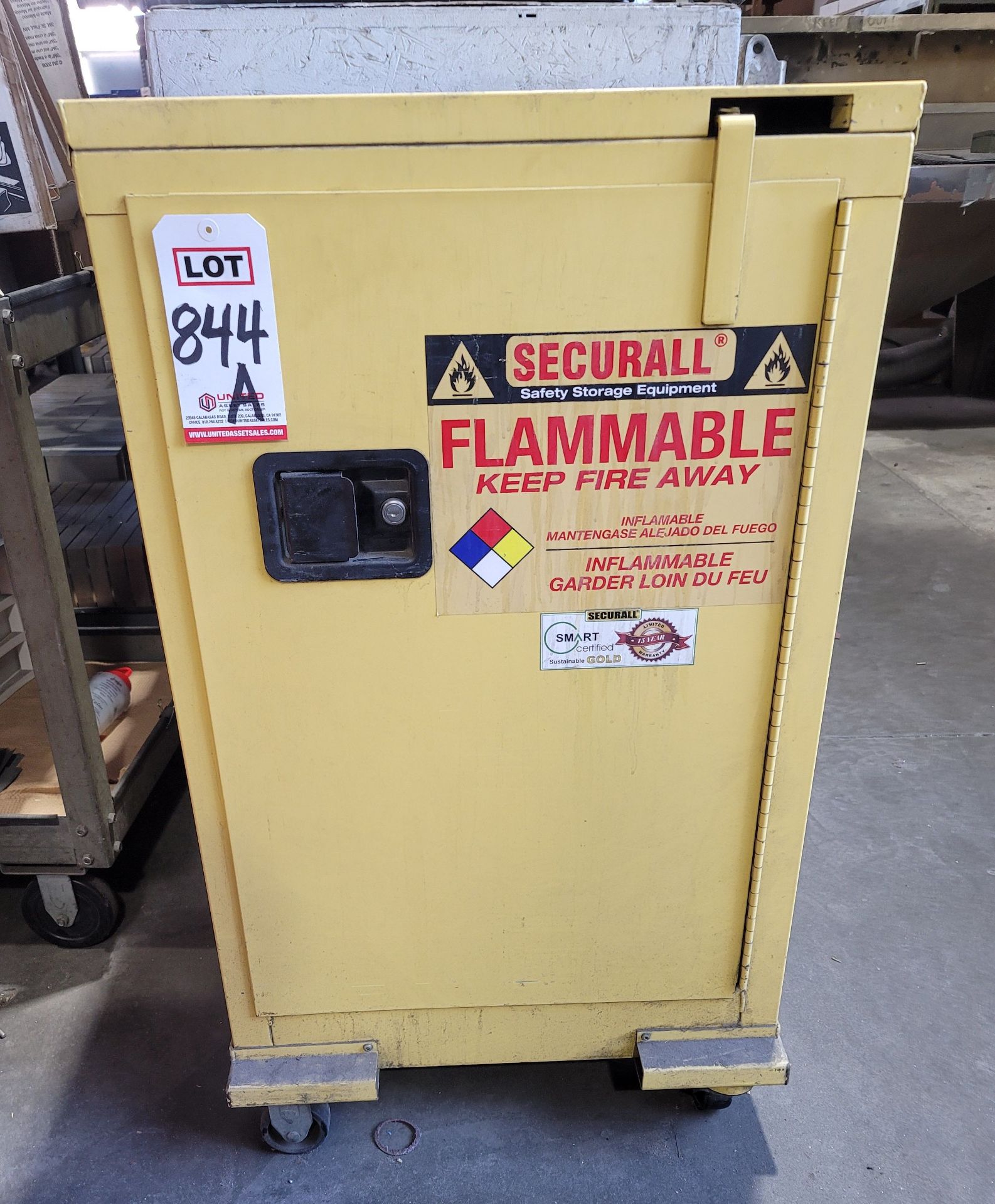 SECURALL FLAMMABLE LIQUIDS CABINET, MODEL A305, 12-GALLON CAPACITY, ON CASTERS